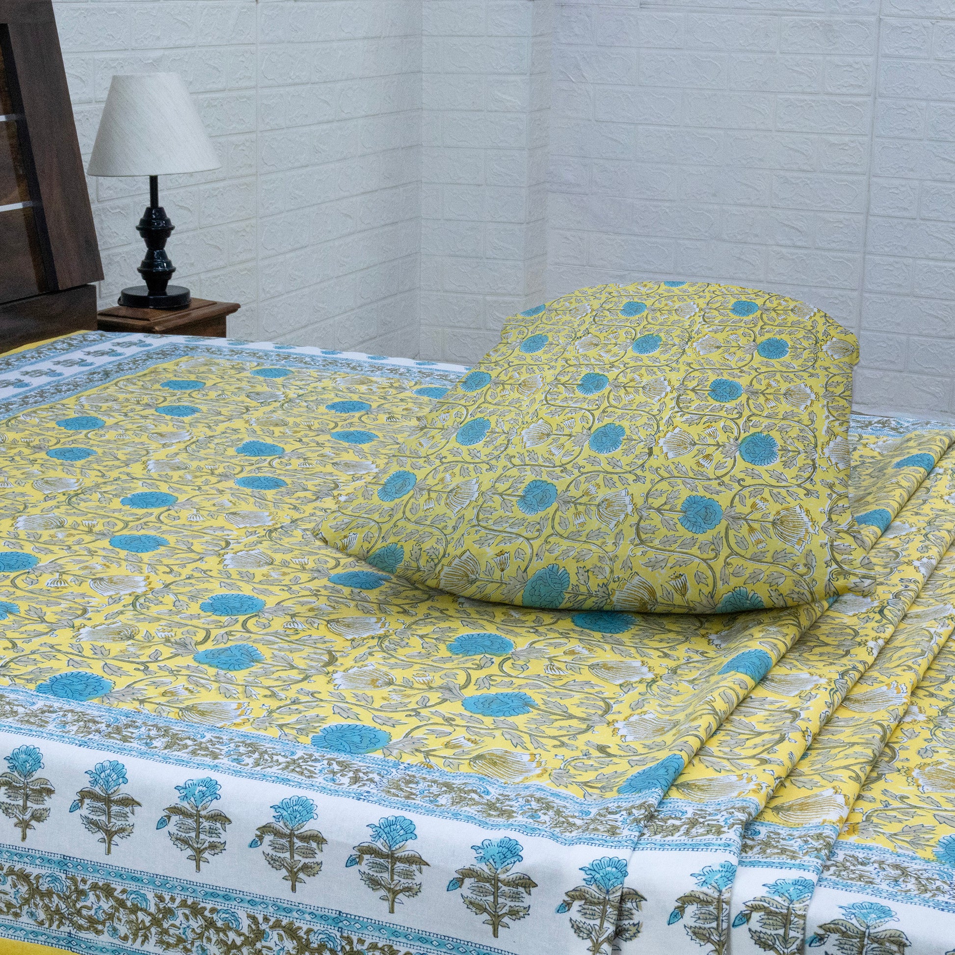 Cotton Bedsheet – Hand Block Floral Print – Yellow and Sky Blue – King, Queen, Twin Sizes - My Store