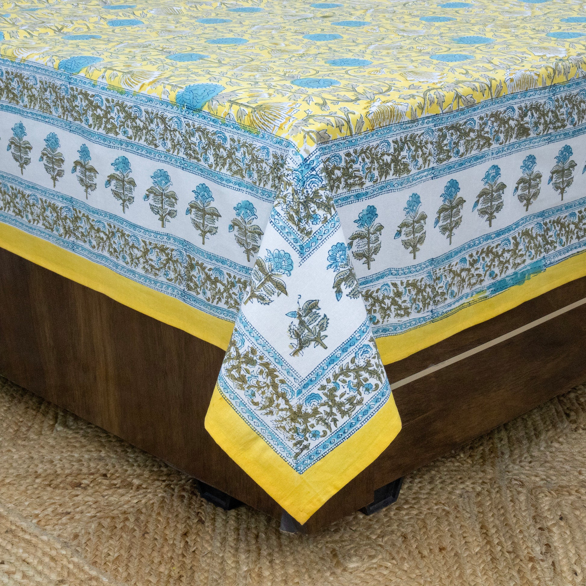Cotton Bedsheet – Hand Block Floral Print – Yellow and Sky Blue – King, Queen, Twin Sizes - My Store