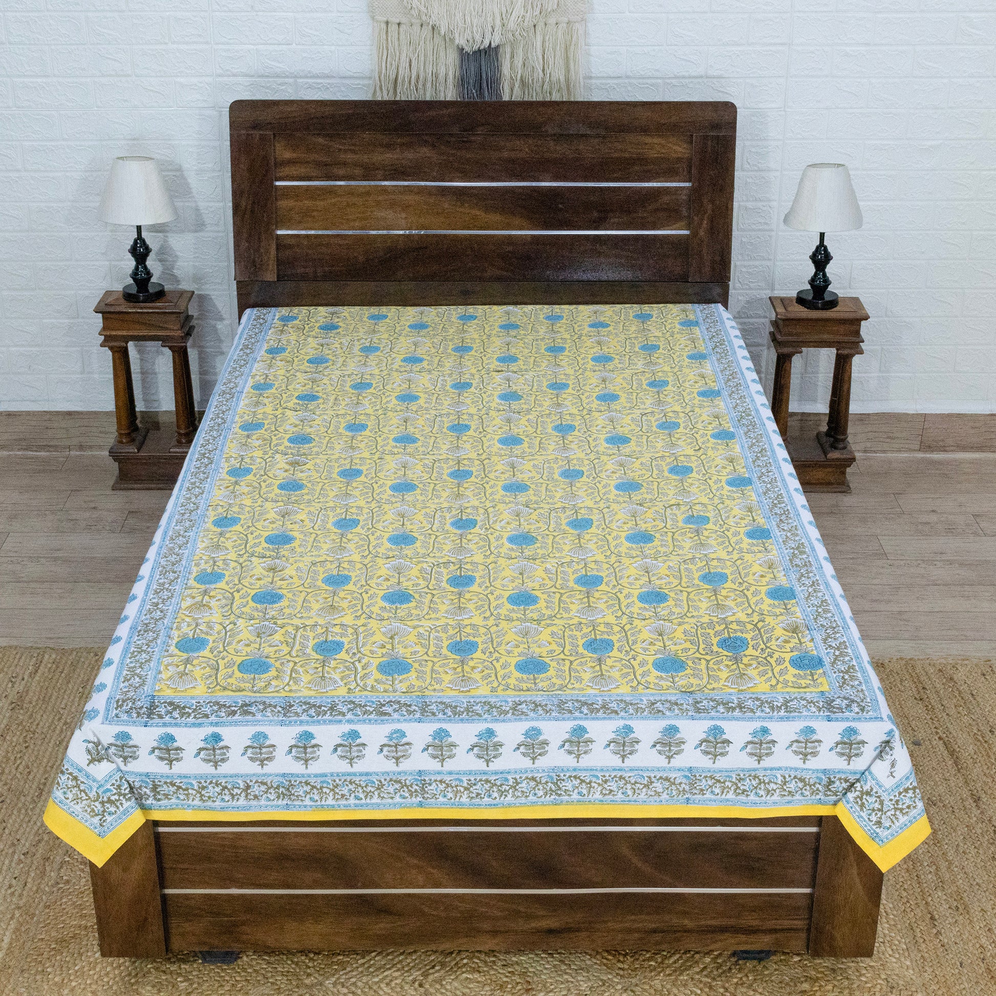 Cotton Bedsheet – Hand Block Floral Print – Yellow and Sky Blue – King, Queen, Twin Sizes - My Store