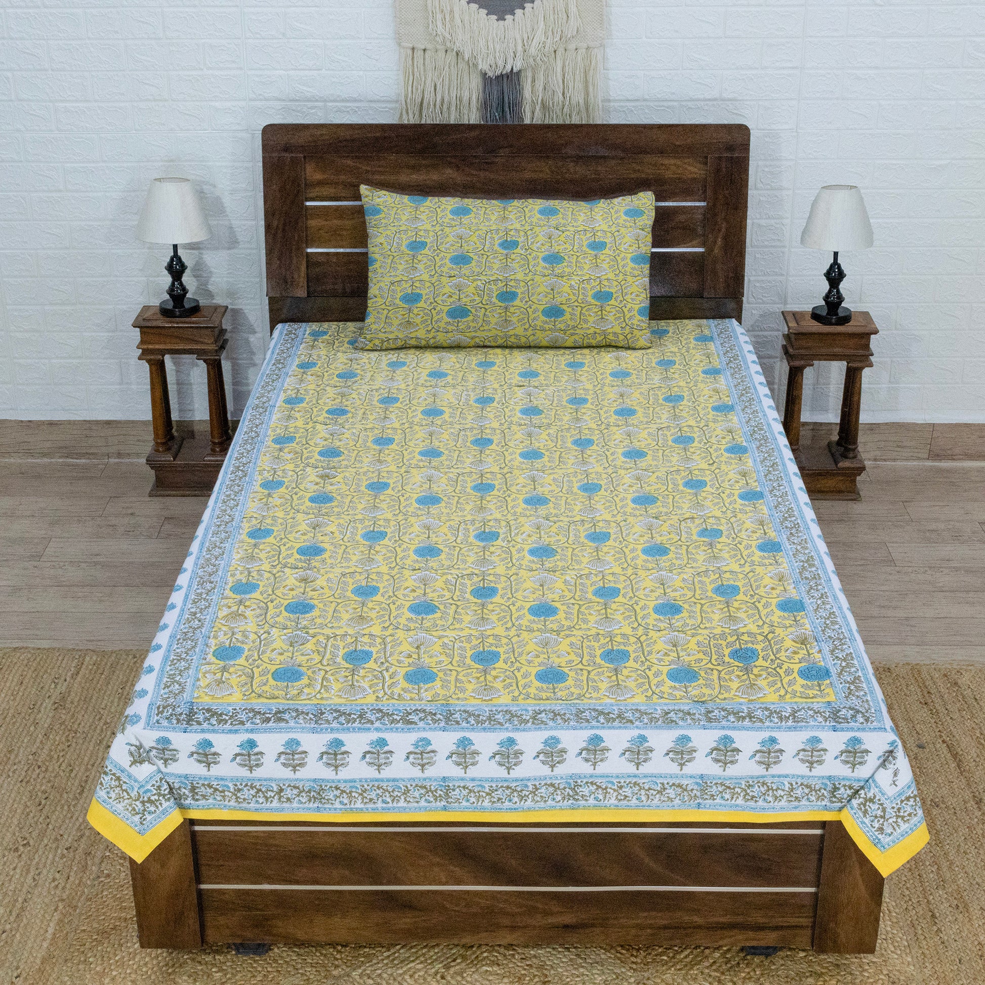 Cotton Bedsheet – Hand Block Floral Print – Yellow and Sky Blue – King, Queen, Twin Sizes - My Store