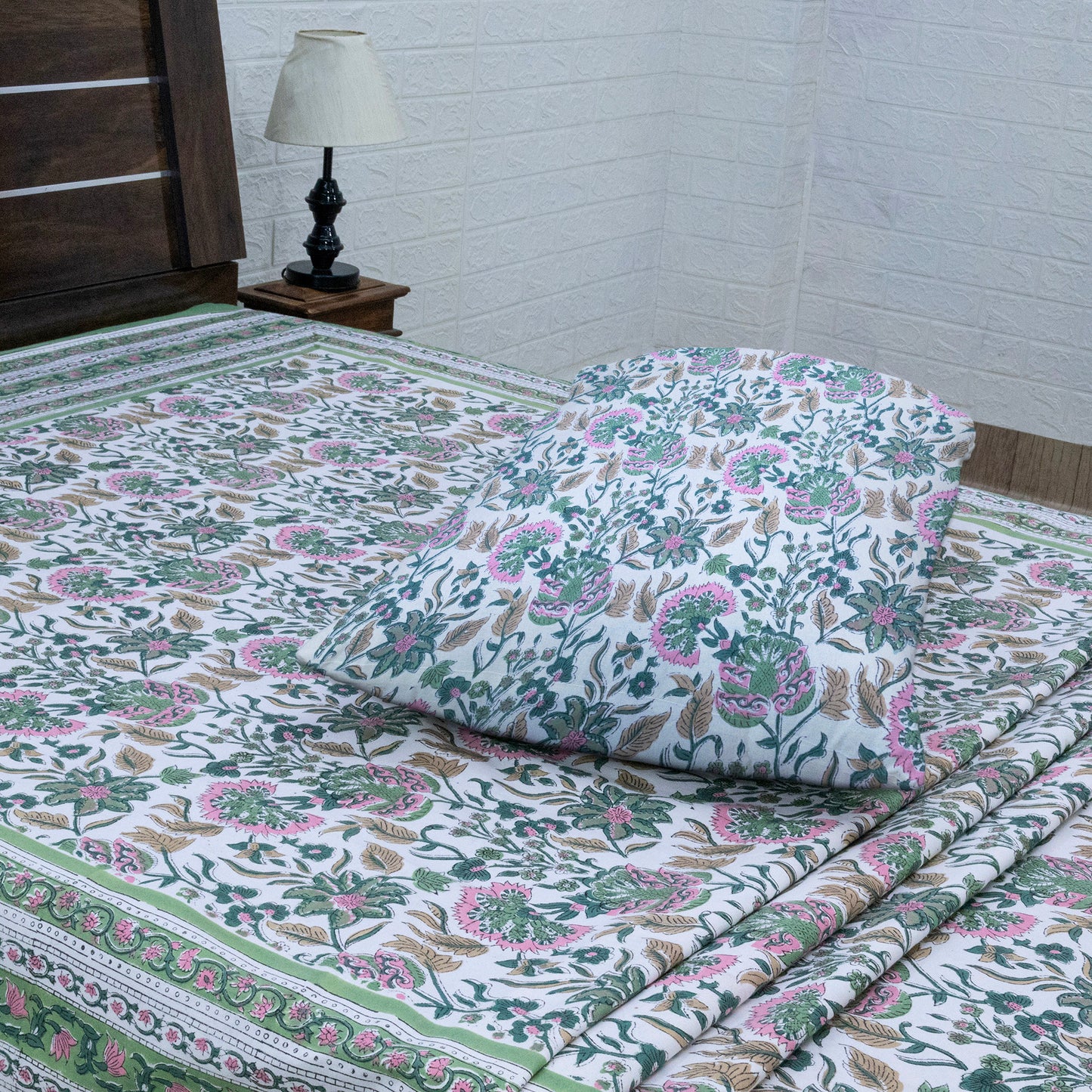 Indian Handmade Block Printed Green and Pink Floral Pattern Cotton Bed sheet For living Room, Kids Room - My Store