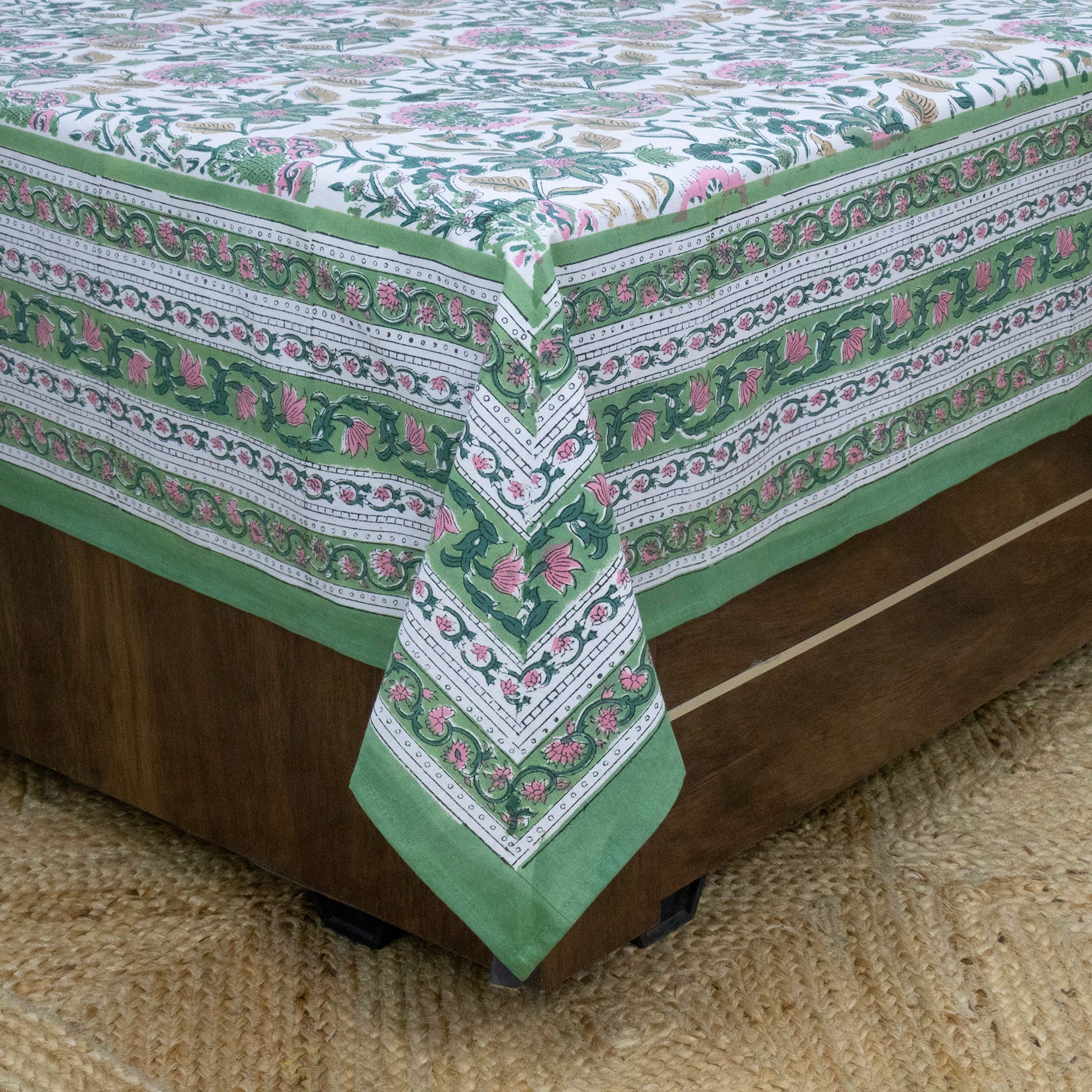 Indian Handmade Block Printed Green and Pink Floral Pattern Cotton Bed sheet For living Room, Kids Room - My Store