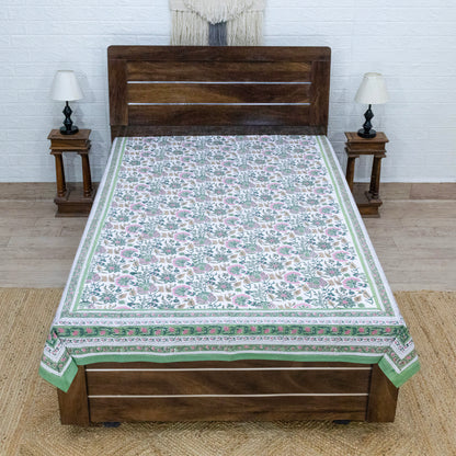 Indian Handmade Block Printed Green and Pink Floral Pattern Cotton Bed sheet For living Room, Kids Room - My Store