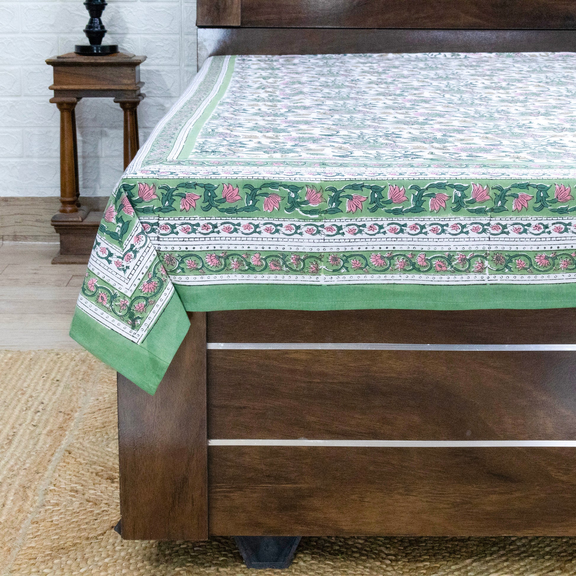 Indian Handmade Block Printed Green and Pink Floral Pattern Cotton Bed sheet For living Room, Kids Room - My Store