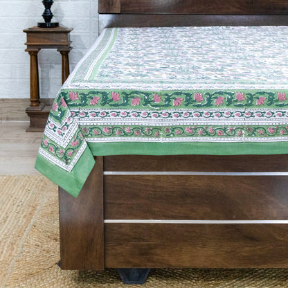 Indian Handmade Block Printed Green and Pink Floral Pattern Cotton Bed sheet For living Room, Kids Room - My Store