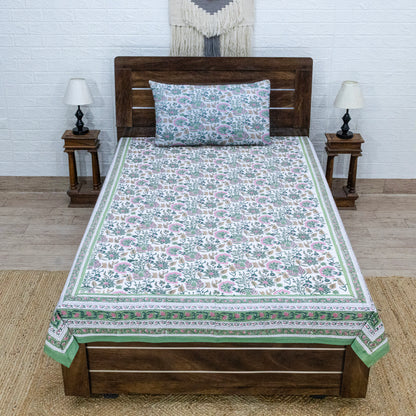 Indian Handmade Block Printed Green and Pink Floral Pattern Cotton Bed sheet For living Room, Kids Room - My Store