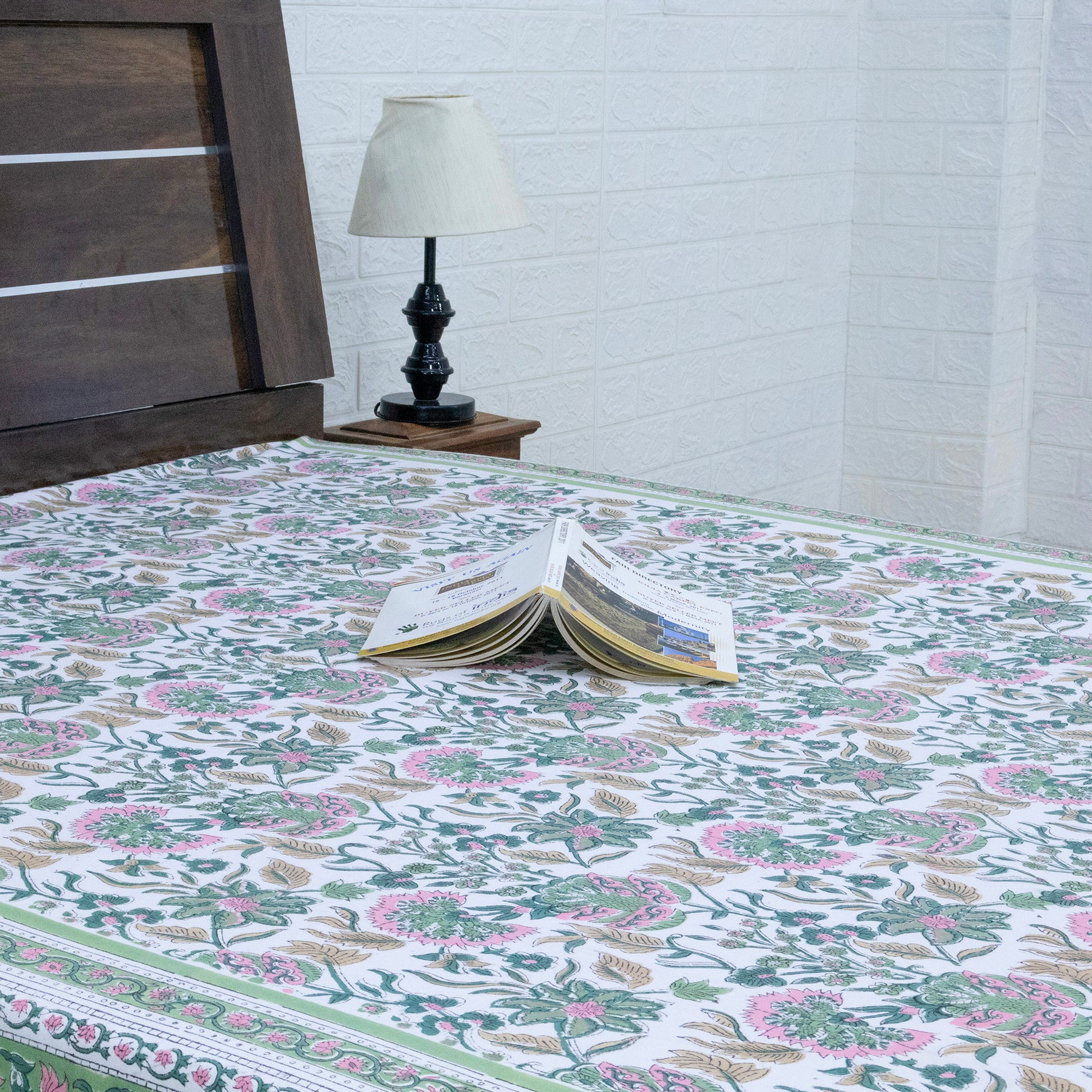 Indian Handmade Block Printed Green and Pink Floral Pattern Cotton Bed sheet For living Room, Kids Room - My Store