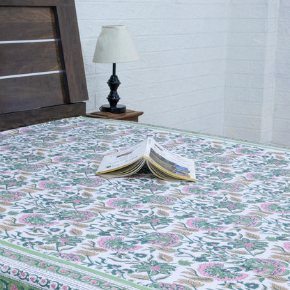 Indian Handmade Block Printed Green and Pink Floral Pattern Cotton Bed sheet For living Room, Kids Room - My Store