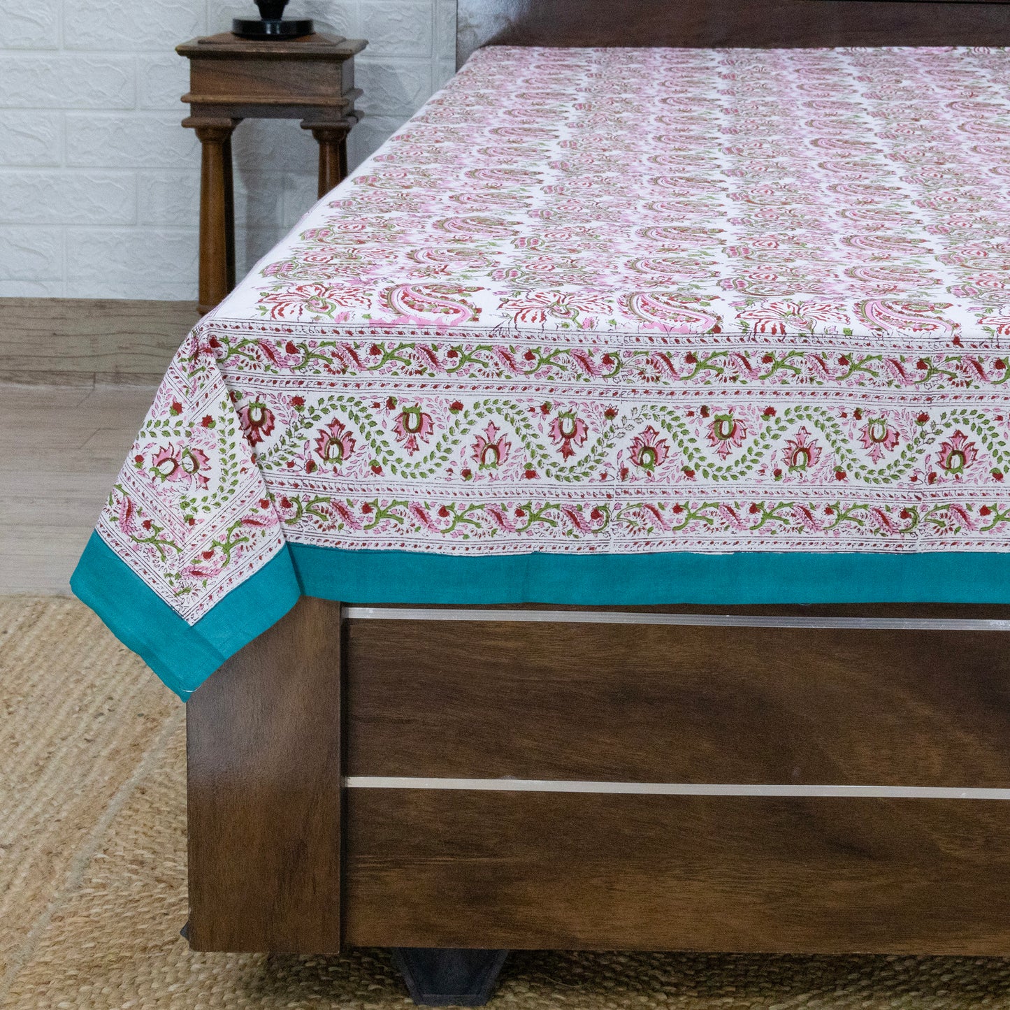 Cotton Bedsheet – Hand Block Floral Print – Pink and Green – King, Queen, Twin Sizes - My Store