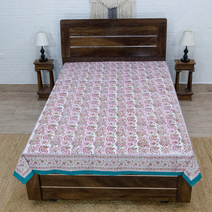 Cotton Bedsheet – Hand Block Floral Print – Pink and Green – King, Queen, Twin Sizes - My Store