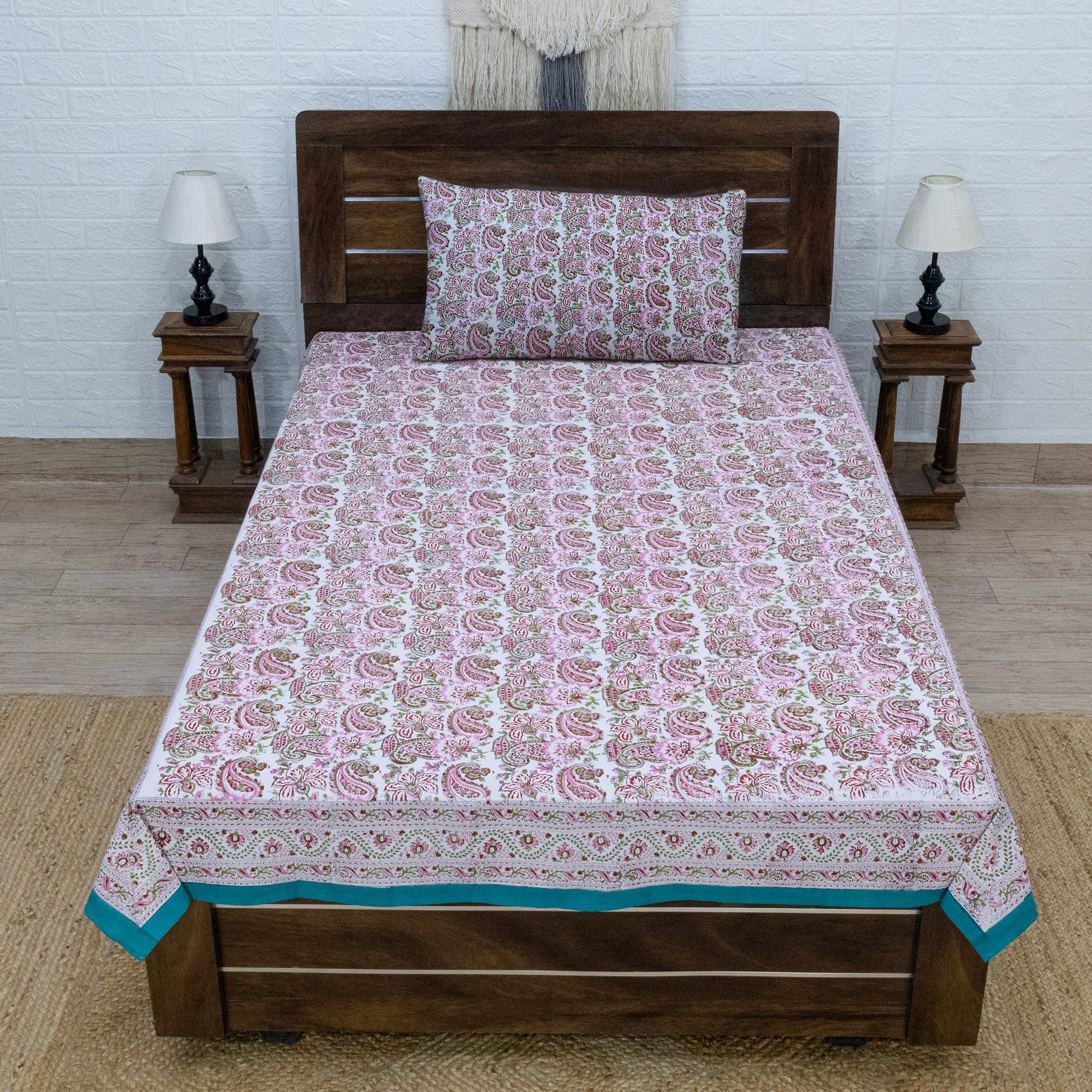 Cotton Bedsheet – Hand Block Floral Print – Pink and Green – King, Queen, Twin Sizes - My Store