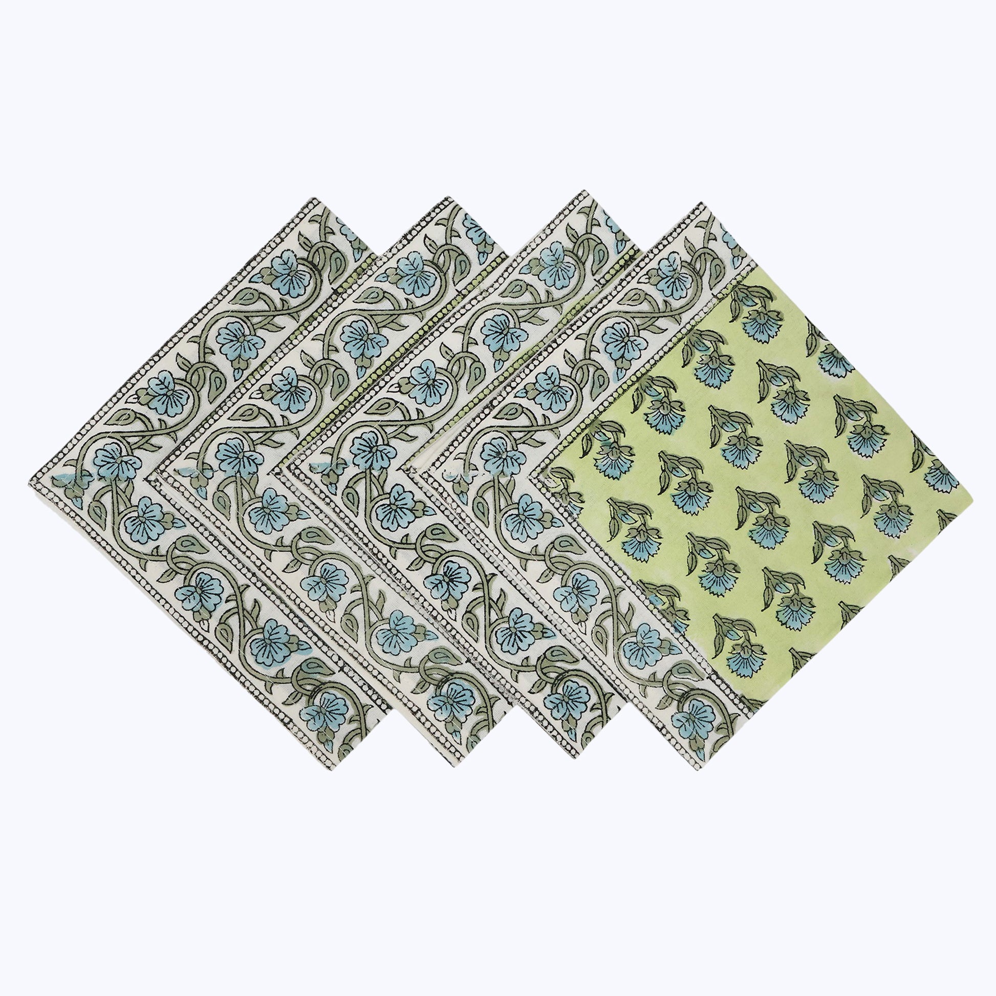 Green and Blue Hand Block Printed Cotton Napkins Set Of 4 - My Store