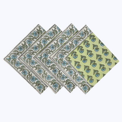 Green and Blue Hand Block Printed Cotton Napkins Set Of 4 - My Store