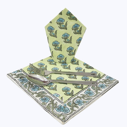Green and Blue Hand Block Printed Cotton Napkins Set Of 4 - My Store