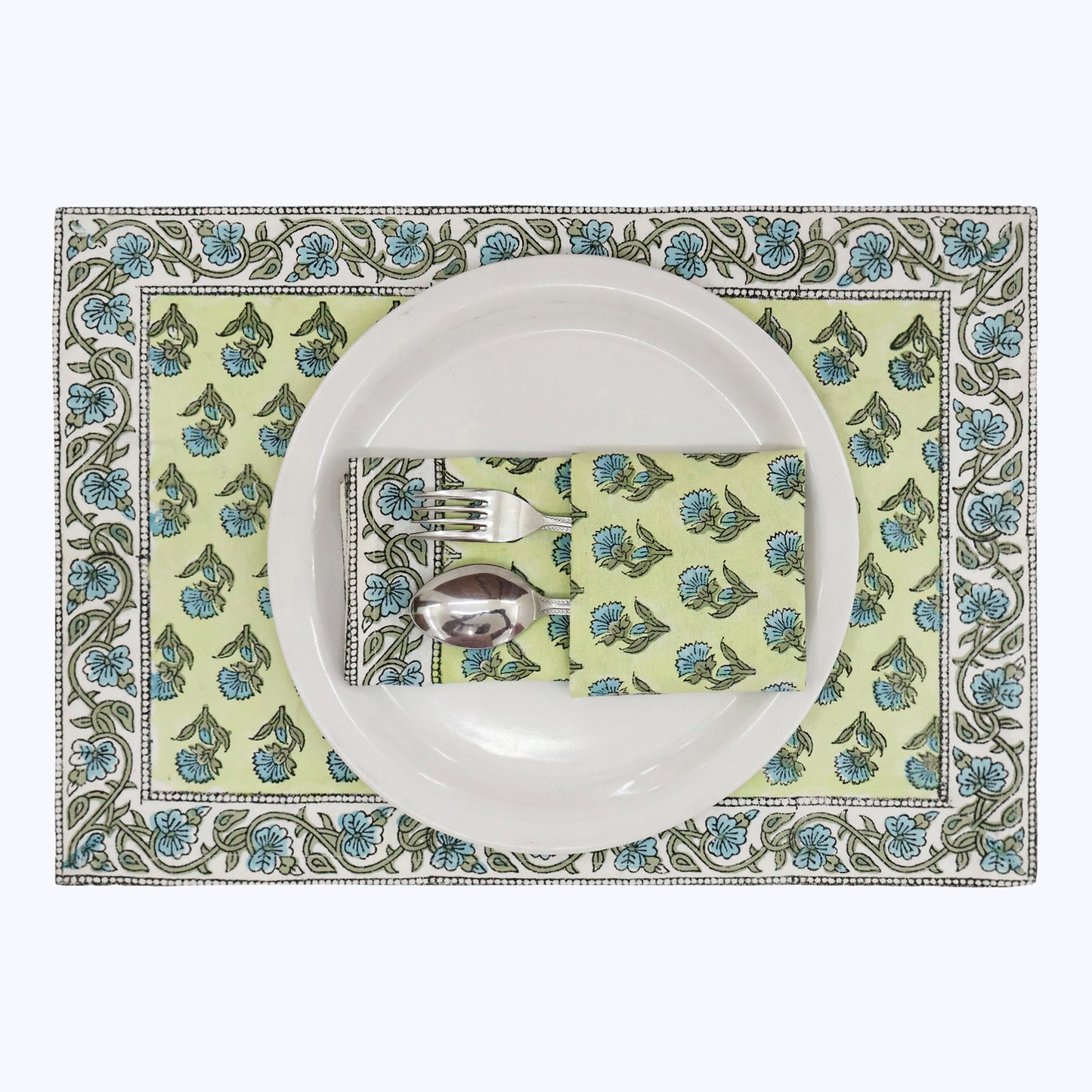Green and Blue Hand Block Printed Cotton Napkins Set Of 4 - My Store