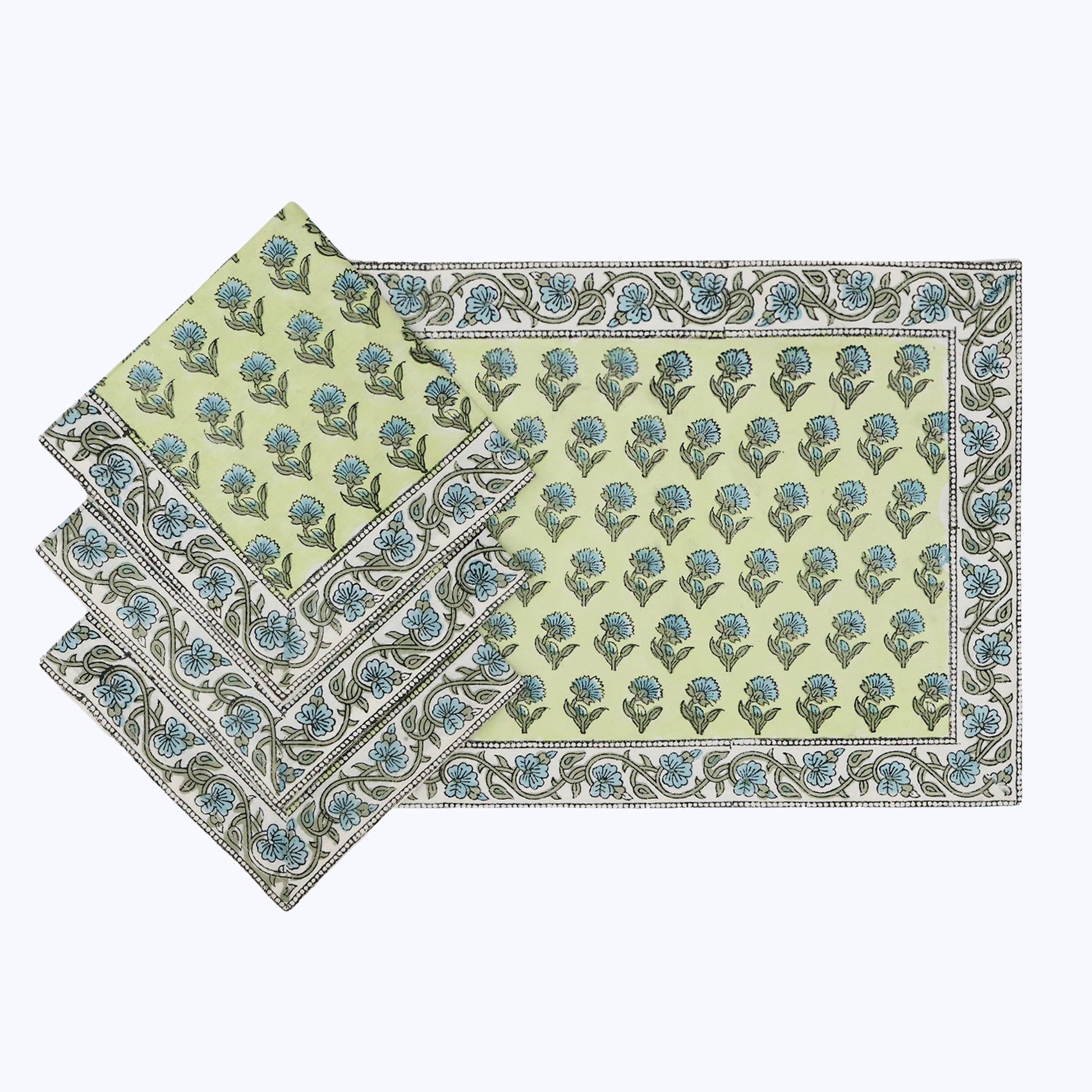 Green and Blue Hand Block Printed Cotton Napkins Set Of 4 - My Store