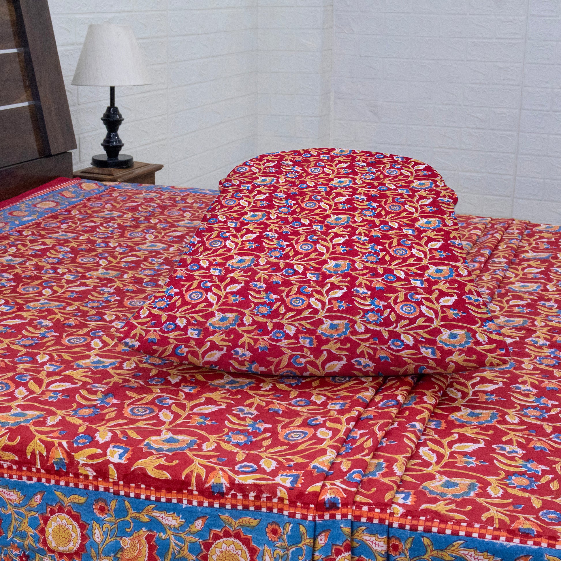 Cotton Bedsheet – Hand Block Floral Print – Red and Blue – King, Queen, Twin Sizes - My Store