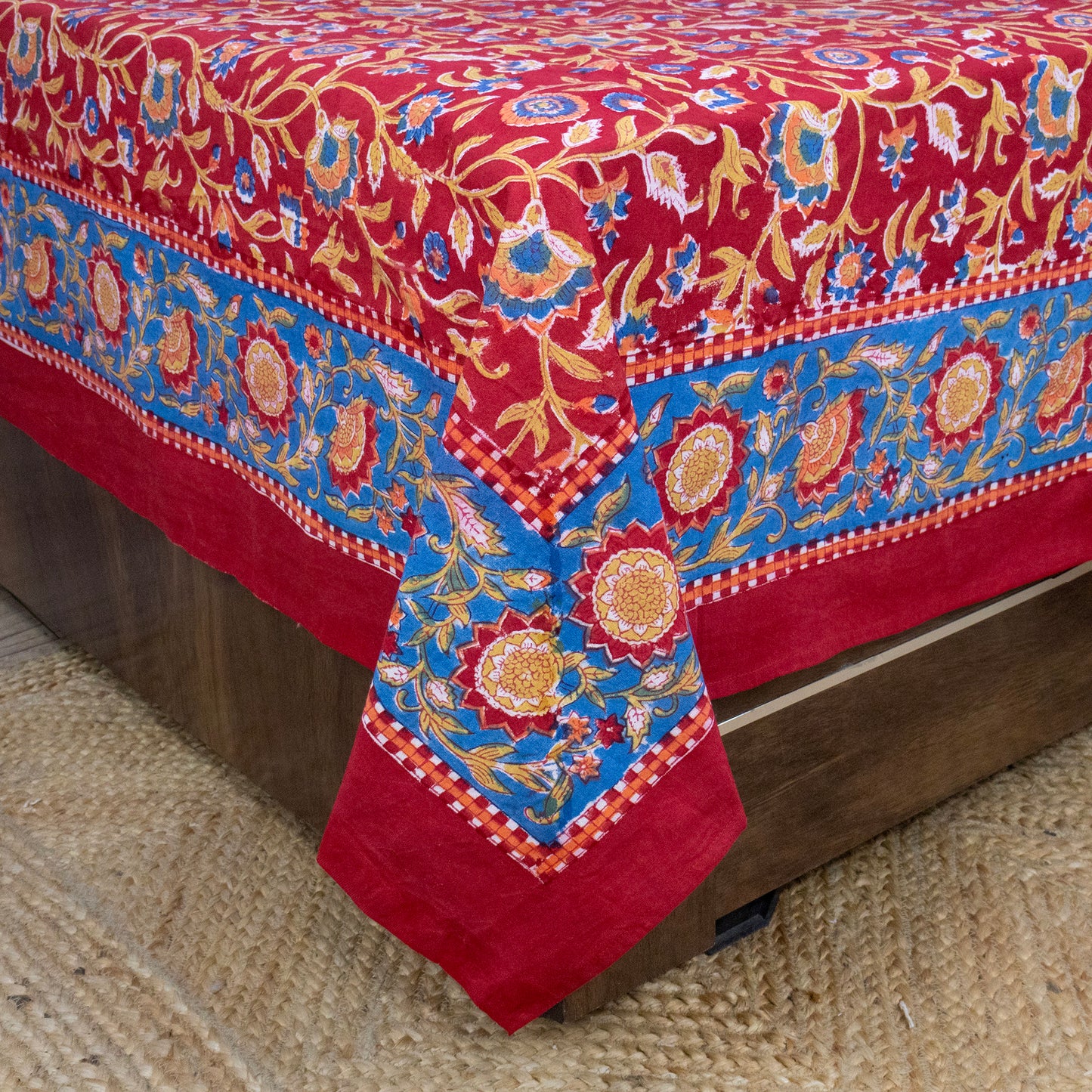 Cotton Bedsheet – Hand Block Floral Print – Red and Blue – King, Queen, Twin Sizes - My Store