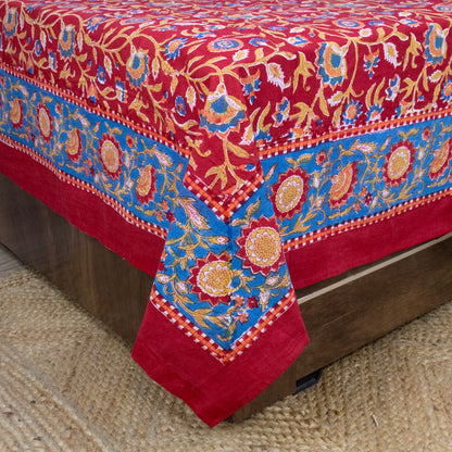 Cotton Bedsheet – Hand Block Floral Print – Red and Blue – King, Queen, Twin Sizes - My Store