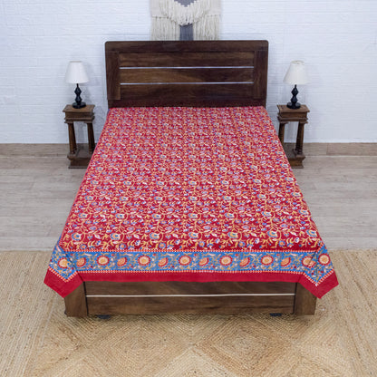 Cotton Bedsheet – Hand Block Floral Print – Red and Blue – King, Queen, Twin Sizes - My Store