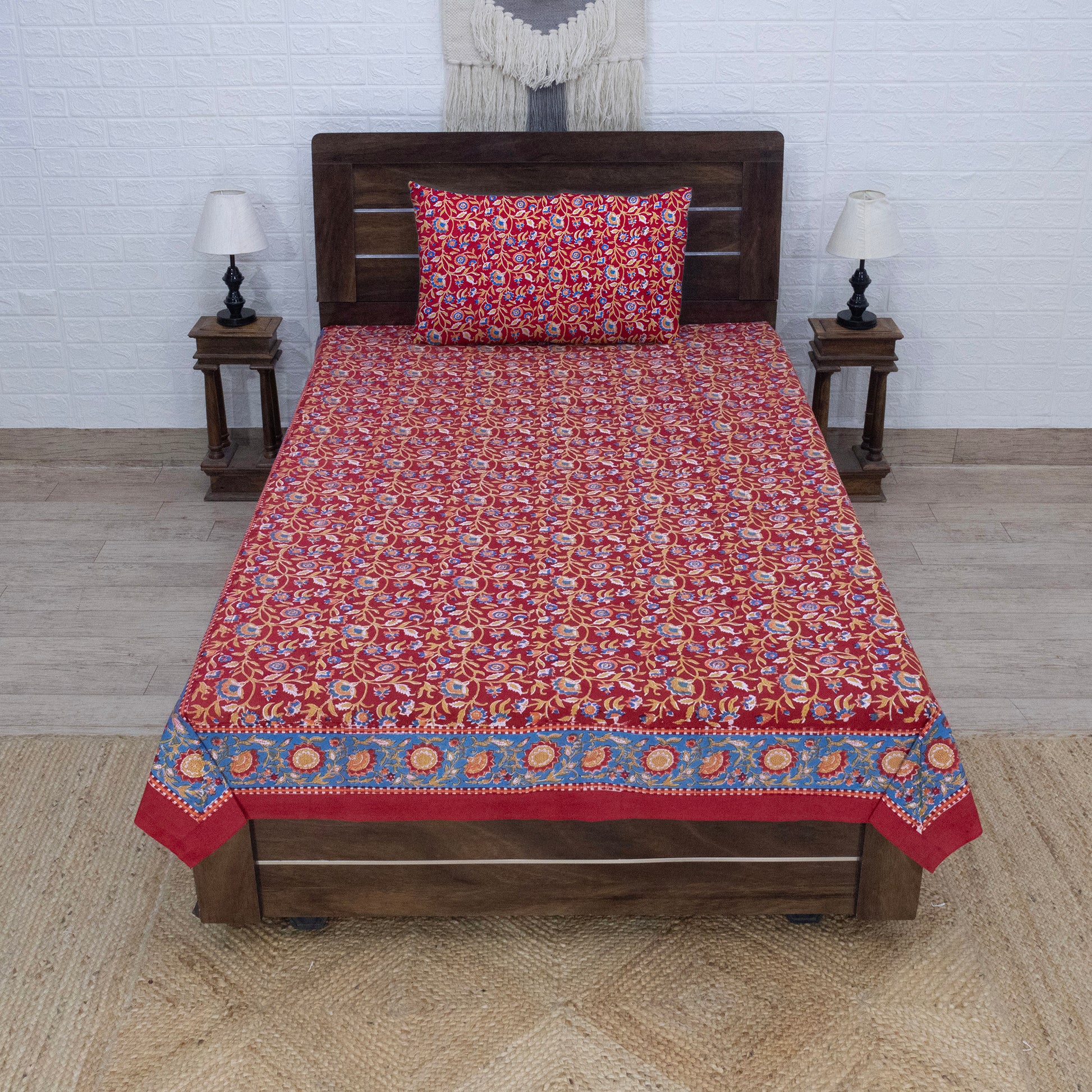 Cotton Bedsheet – Hand Block Floral Print – Red and Blue – King, Queen, Twin Sizes - My Store