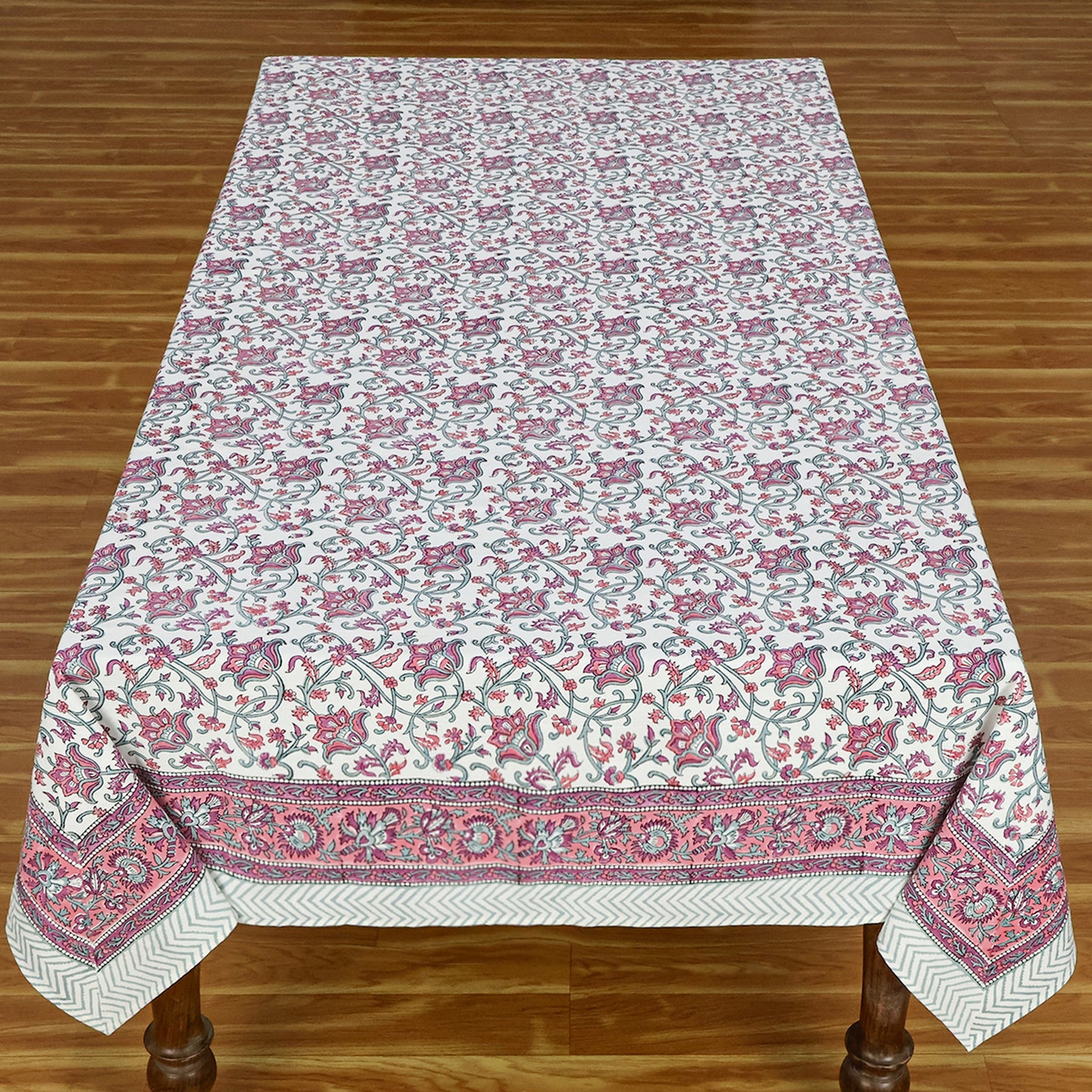 Indian Handmade Block Printed Pink White Cotton Table Cover Rectangle Tablecloth - My Store