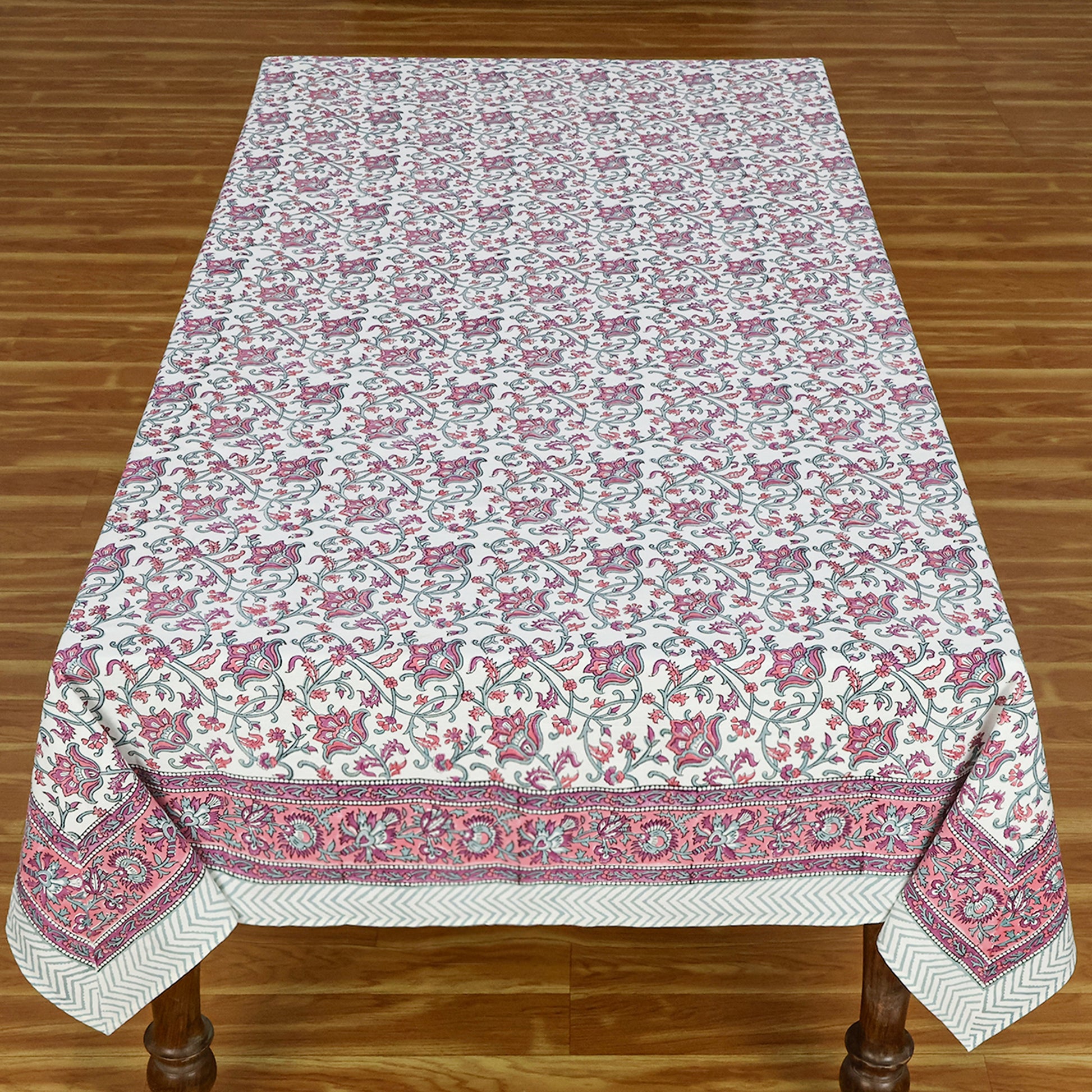 Indian Handmade Block Printed Pink White Cotton Table Cover Rectangle Tablecloth - My Store