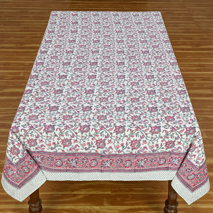 Indian Handmade Block Printed Pink White Cotton Table Cover Rectangle Tablecloth - My Store