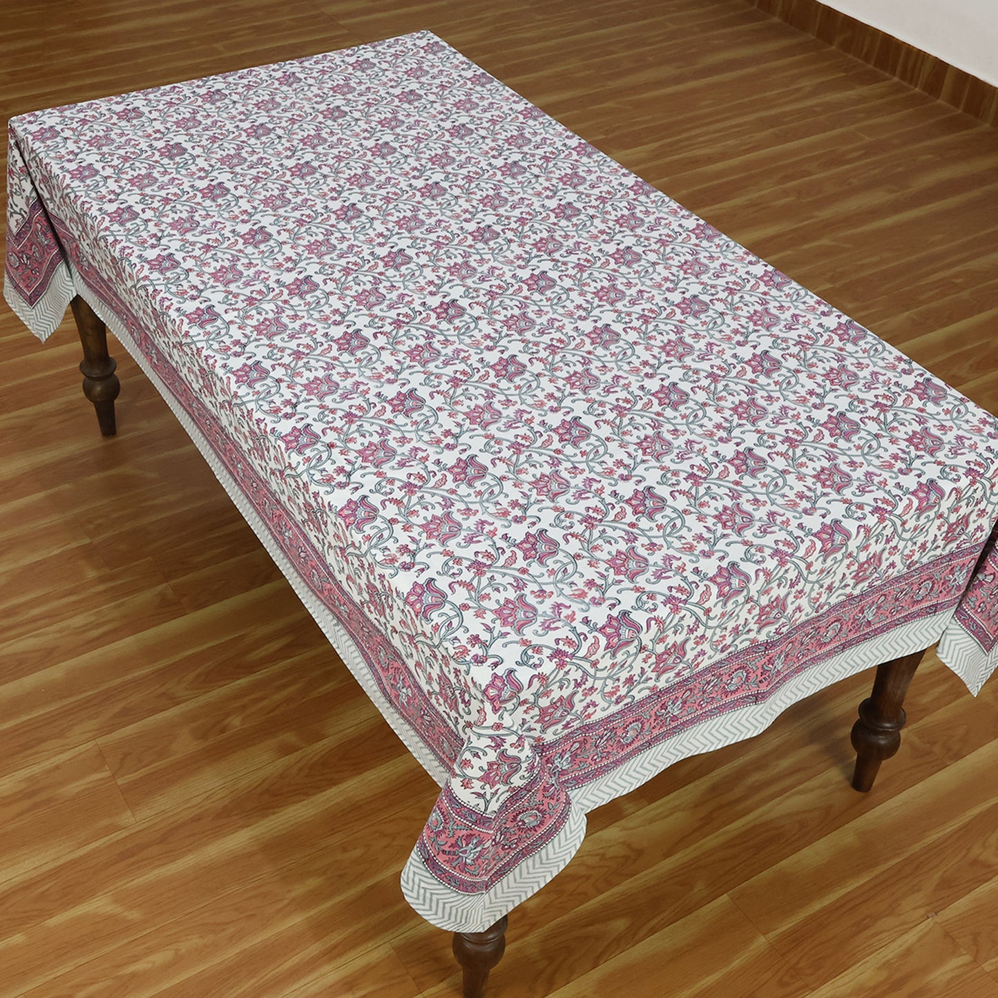 Indian Handmade Block Printed Pink White Cotton Table Cover Rectangle Tablecloth - My Store