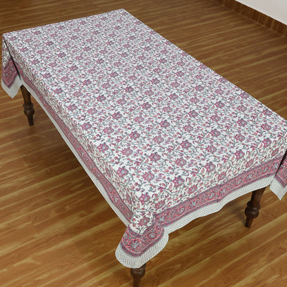 Indian Handmade Block Printed Pink White Cotton Table Cover Rectangle Tablecloth - My Store