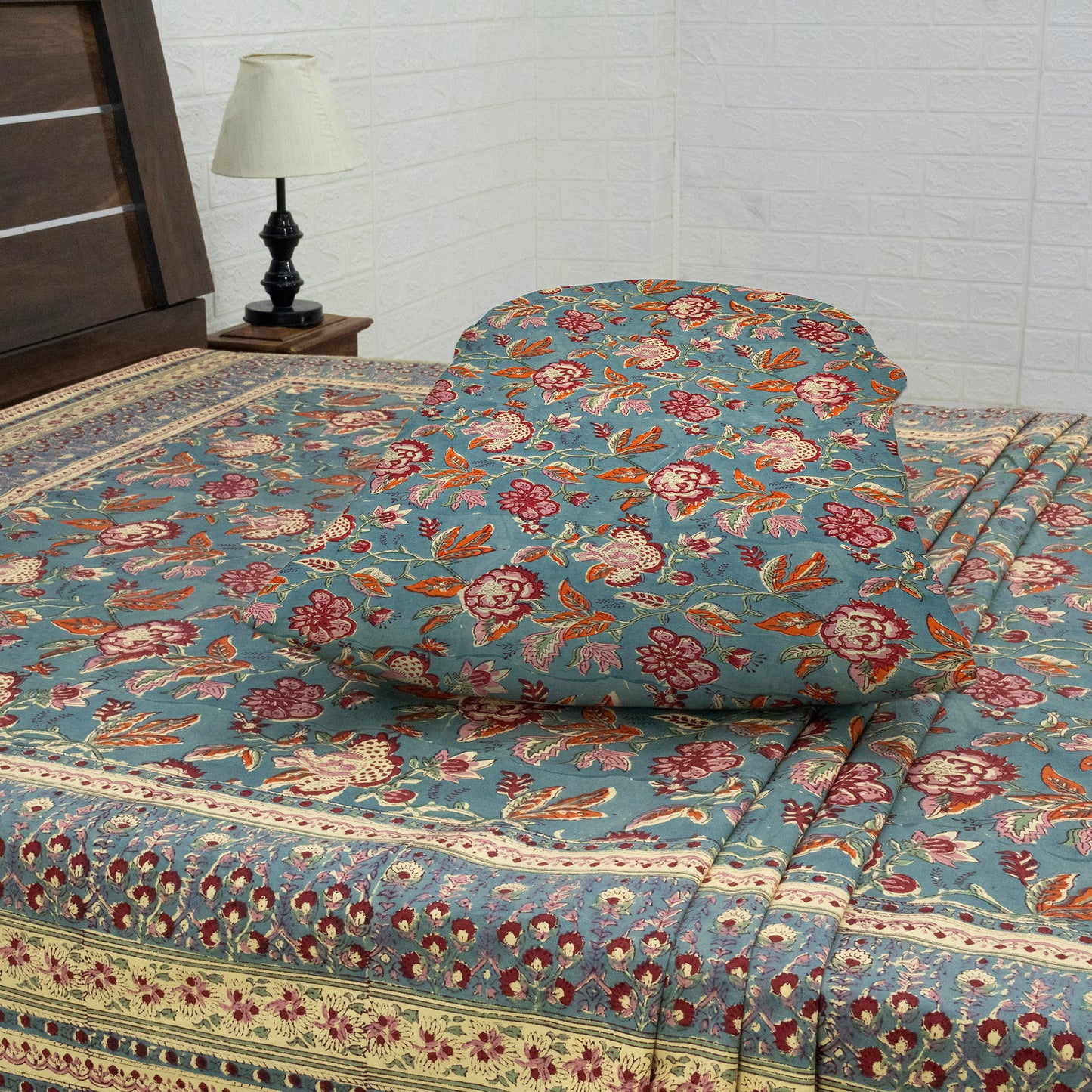 Indian Handmade Block Printed Pink and White Floral Pattern Cotton Bed sheet For living Room, Kids Room - My Store