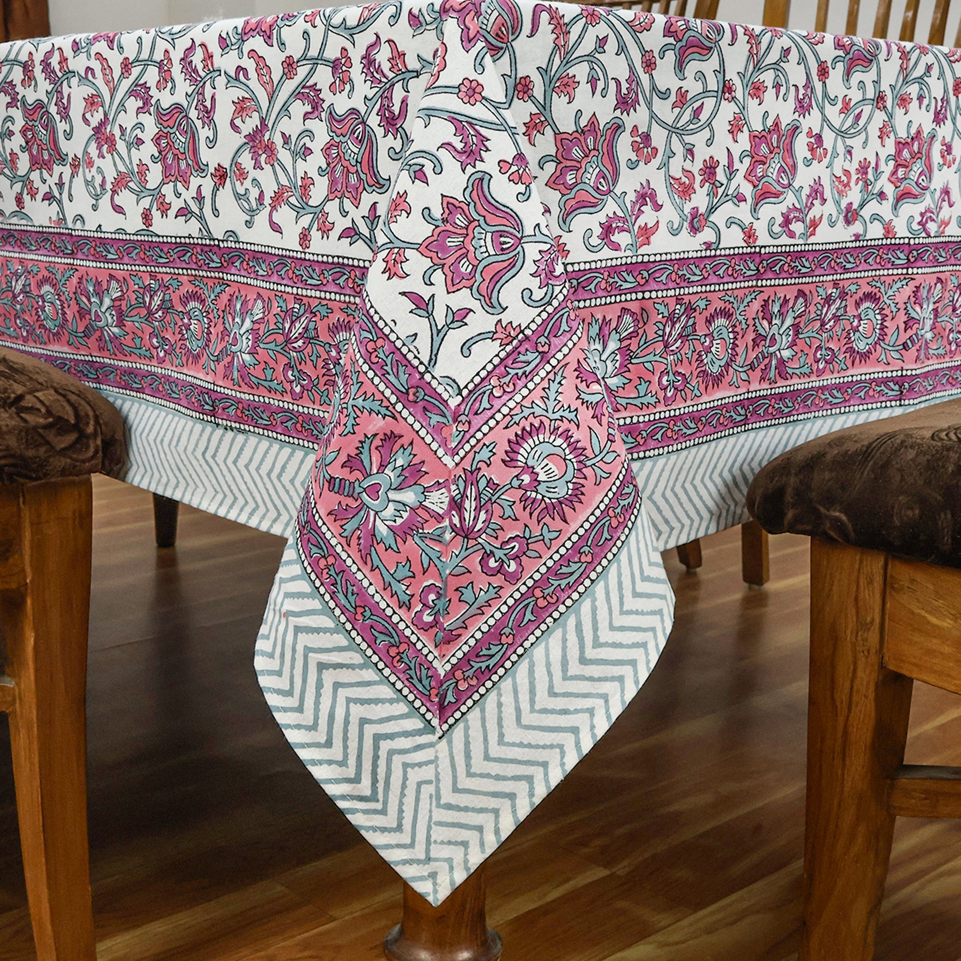 Indian Handmade Block Printed Pink White Cotton Table Cover Rectangle Tablecloth - My Store
