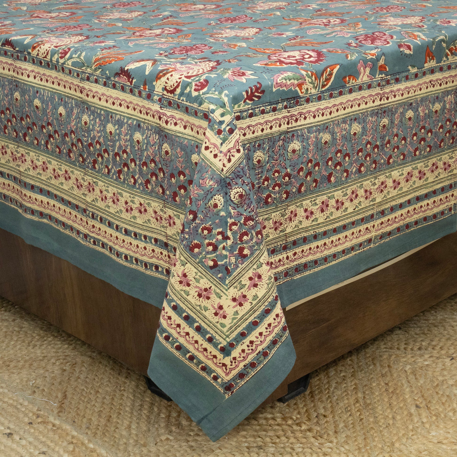 Indian Handmade Block Printed Pink and White Floral Pattern Cotton Bed sheet For living Room, Kids Room - My Store