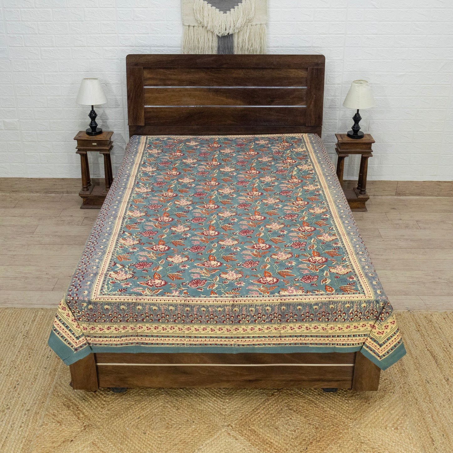 Indian Handmade Block Printed Pink and White Floral Pattern Cotton Bed sheet For living Room, Kids Room - My Store