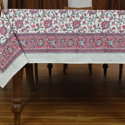 Indian Handmade Block Printed Pink White Cotton Table Cover Rectangle Tablecloth - My Store