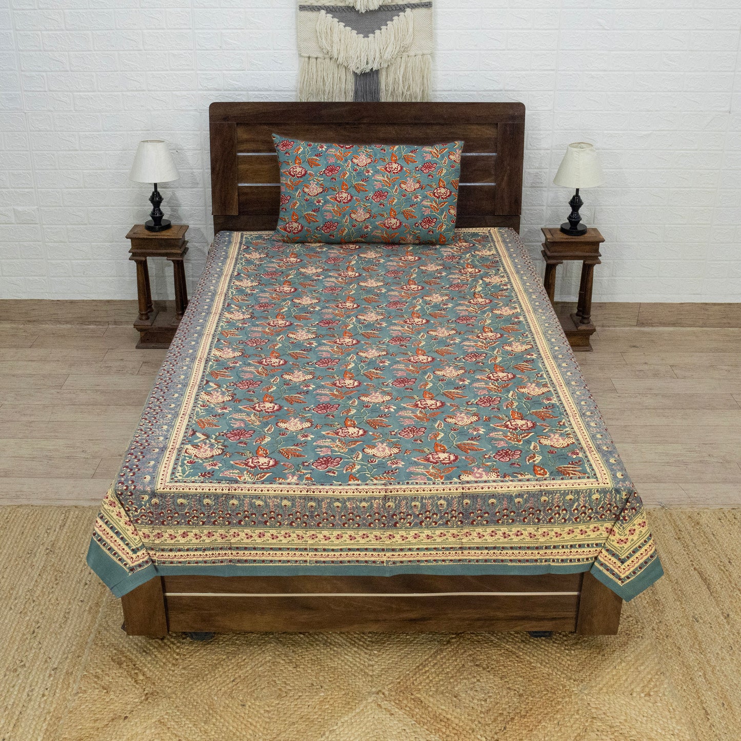 Indian Handmade Block Printed Pink and White Floral Pattern Cotton Bed sheet For living Room, Kids Room - My Store