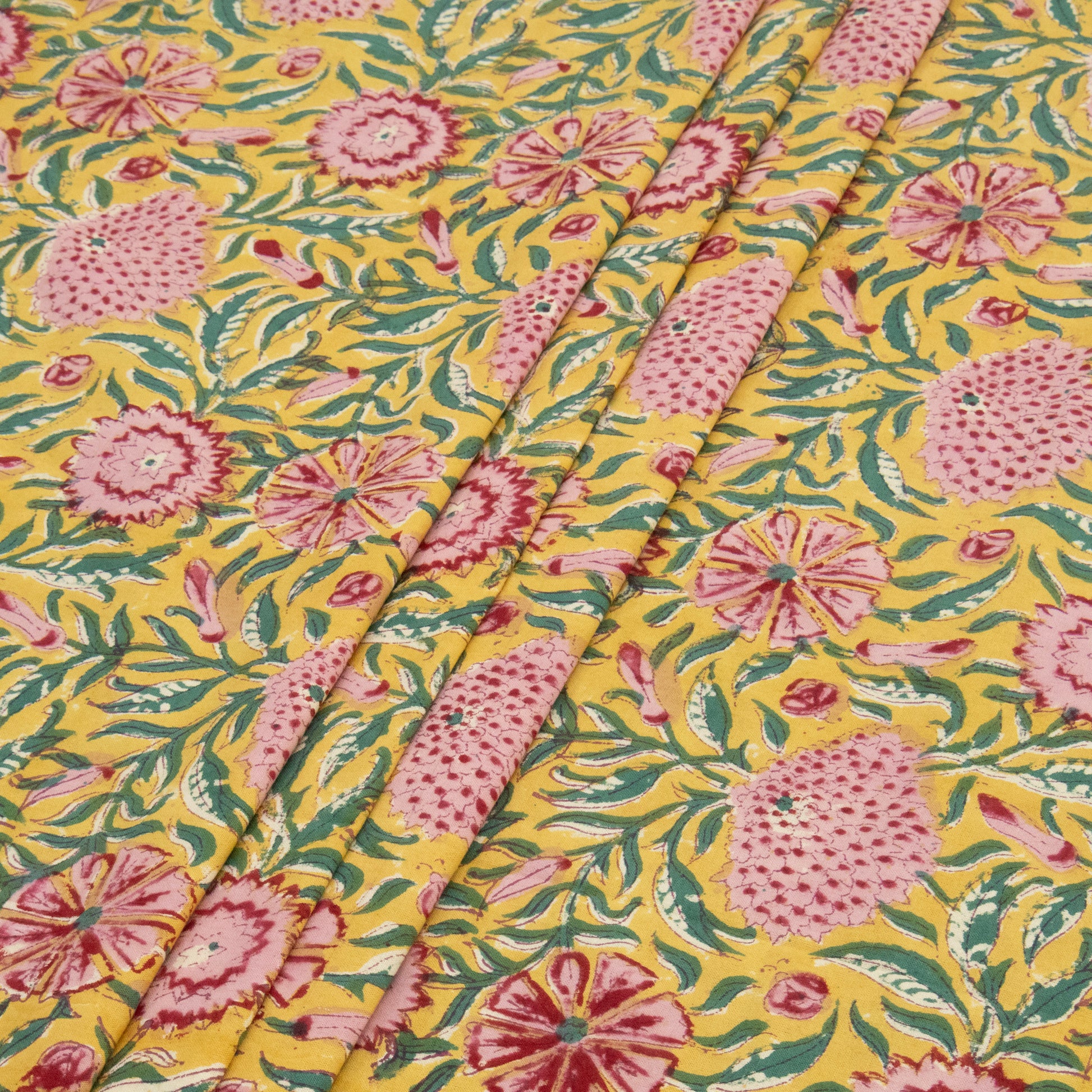 Indian Handmade Block Printed Yellow and Pink Floral Pattern Cotton Bed sheet For living Room, Kids Room - My Store