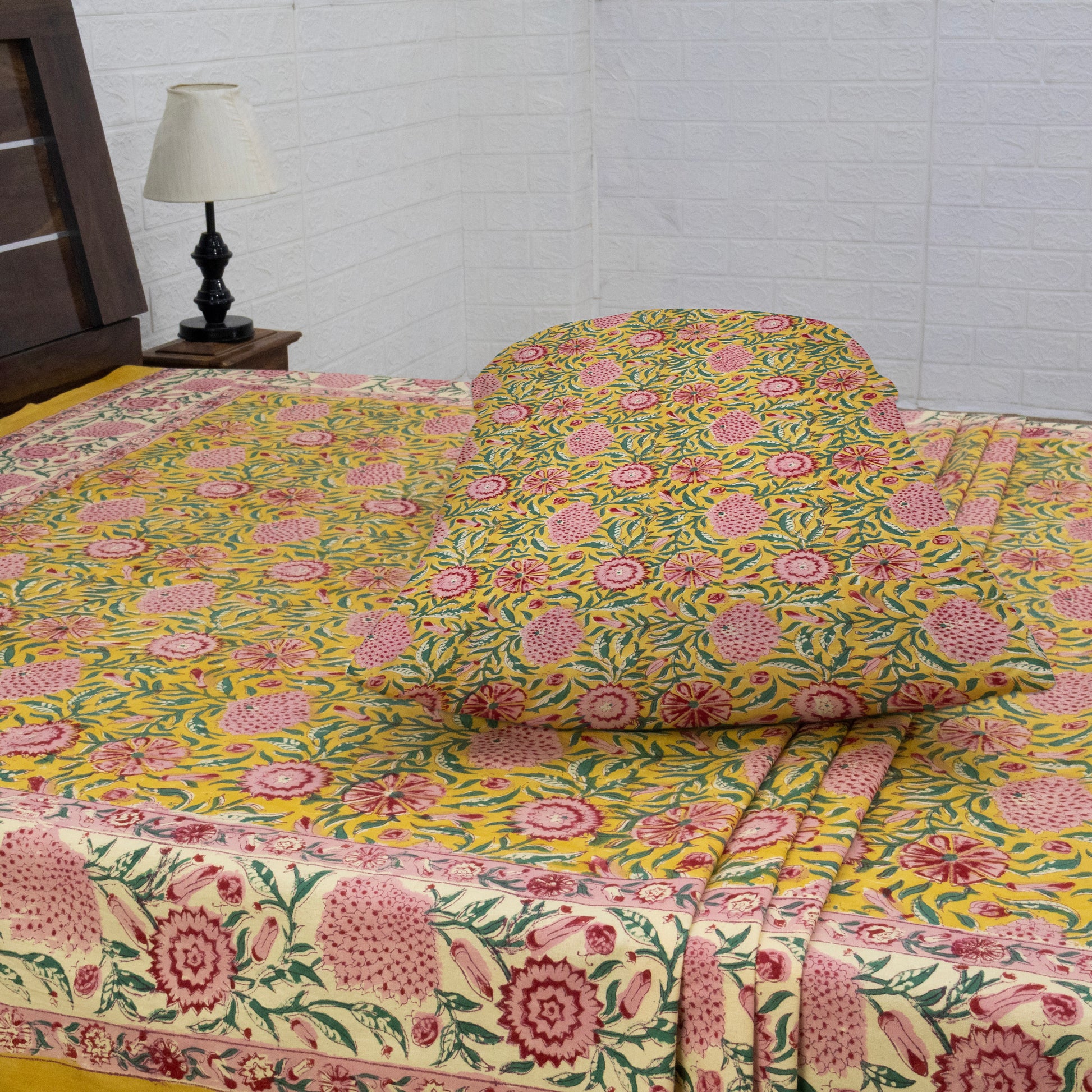 Indian Handmade Block Printed Yellow and Pink Floral Pattern Cotton Bed sheet For living Room, Kids Room - My Store