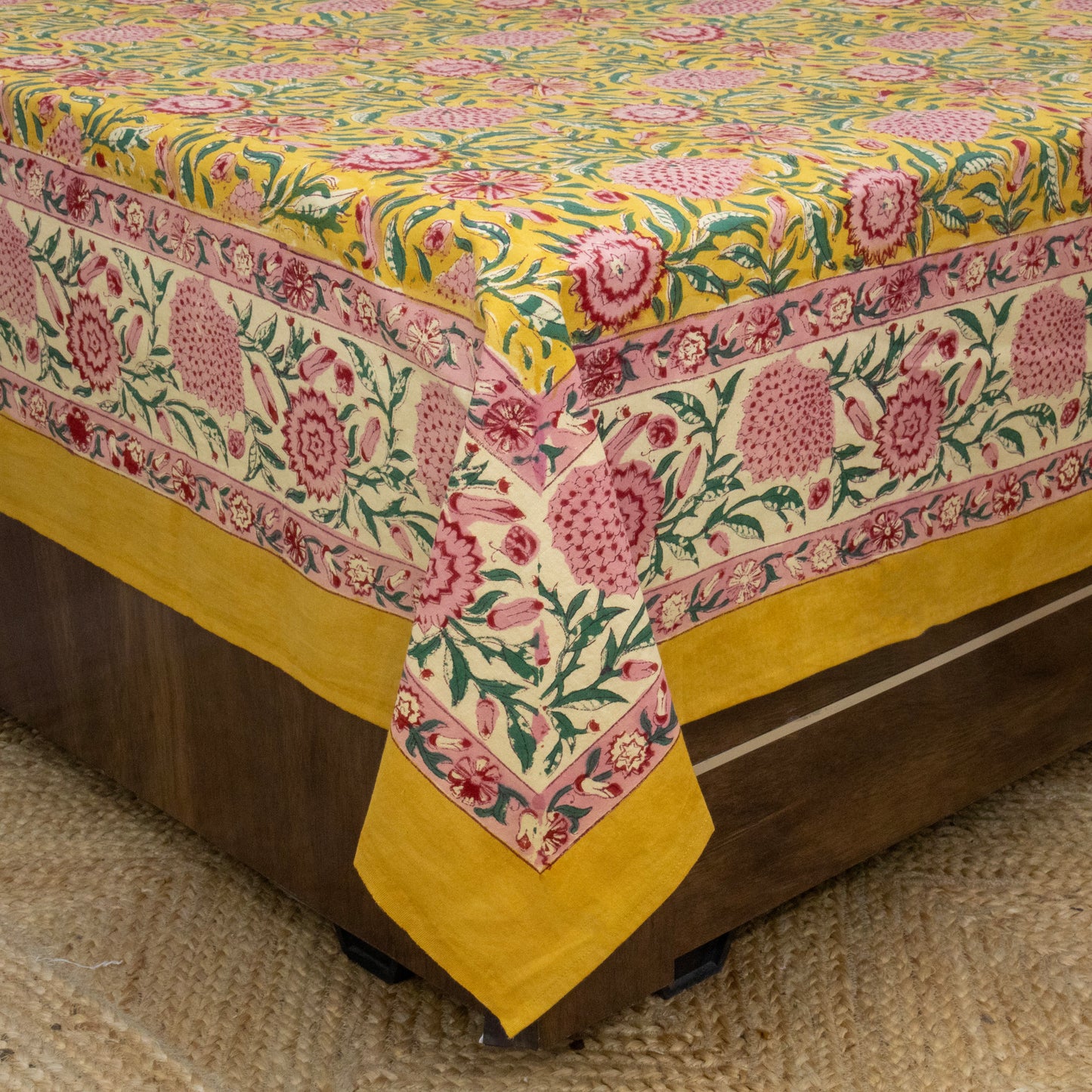 Indian Handmade Block Printed Yellow and Pink Floral Pattern Cotton Bed sheet For living Room, Kids Room - My Store