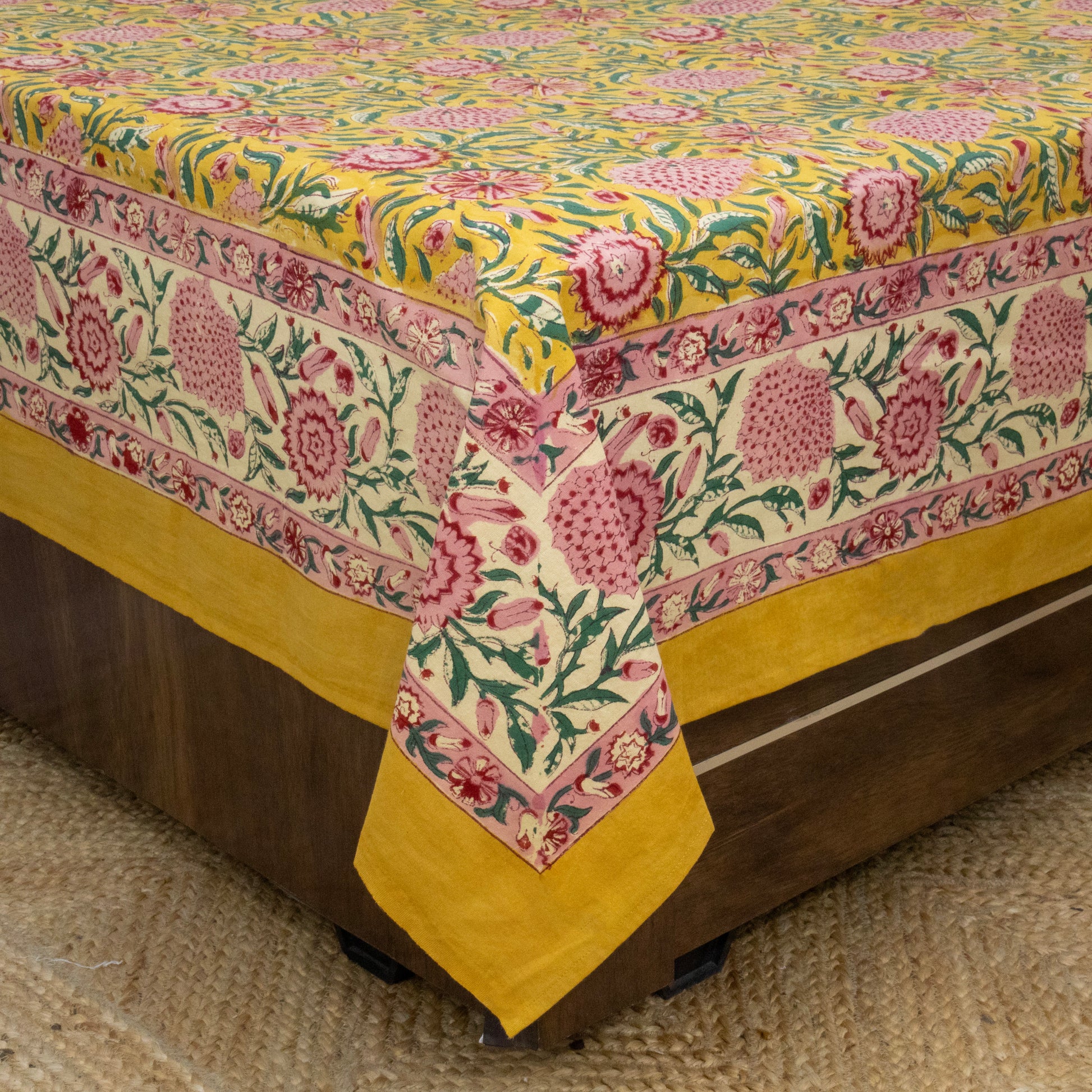 Indian Handmade Block Printed Yellow and Pink Floral Pattern Cotton Bed sheet For living Room, Kids Room - My Store