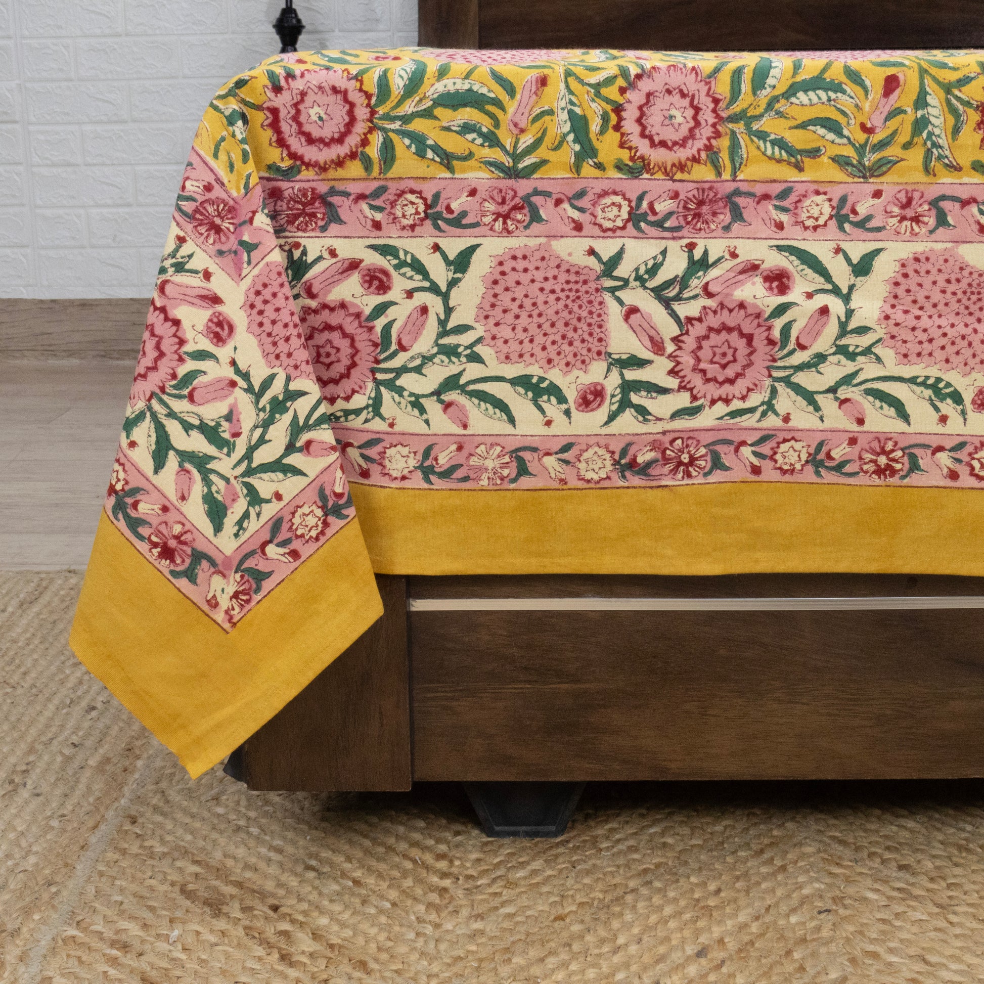 Indian Handmade Block Printed Yellow and Pink Floral Pattern Cotton Bed sheet For living Room, Kids Room - My Store