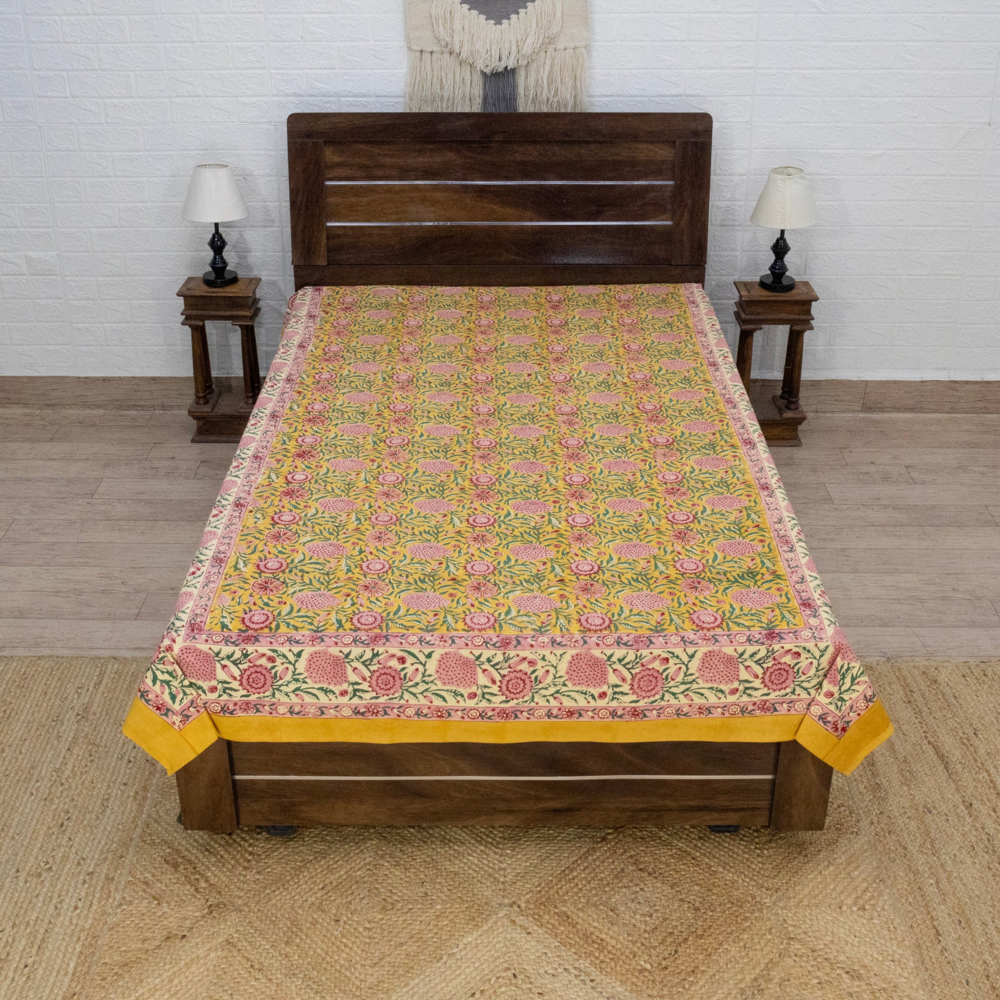 Indian Handmade Block Printed Yellow and Pink Floral Pattern Cotton Bed sheet For living Room, Kids Room - My Store