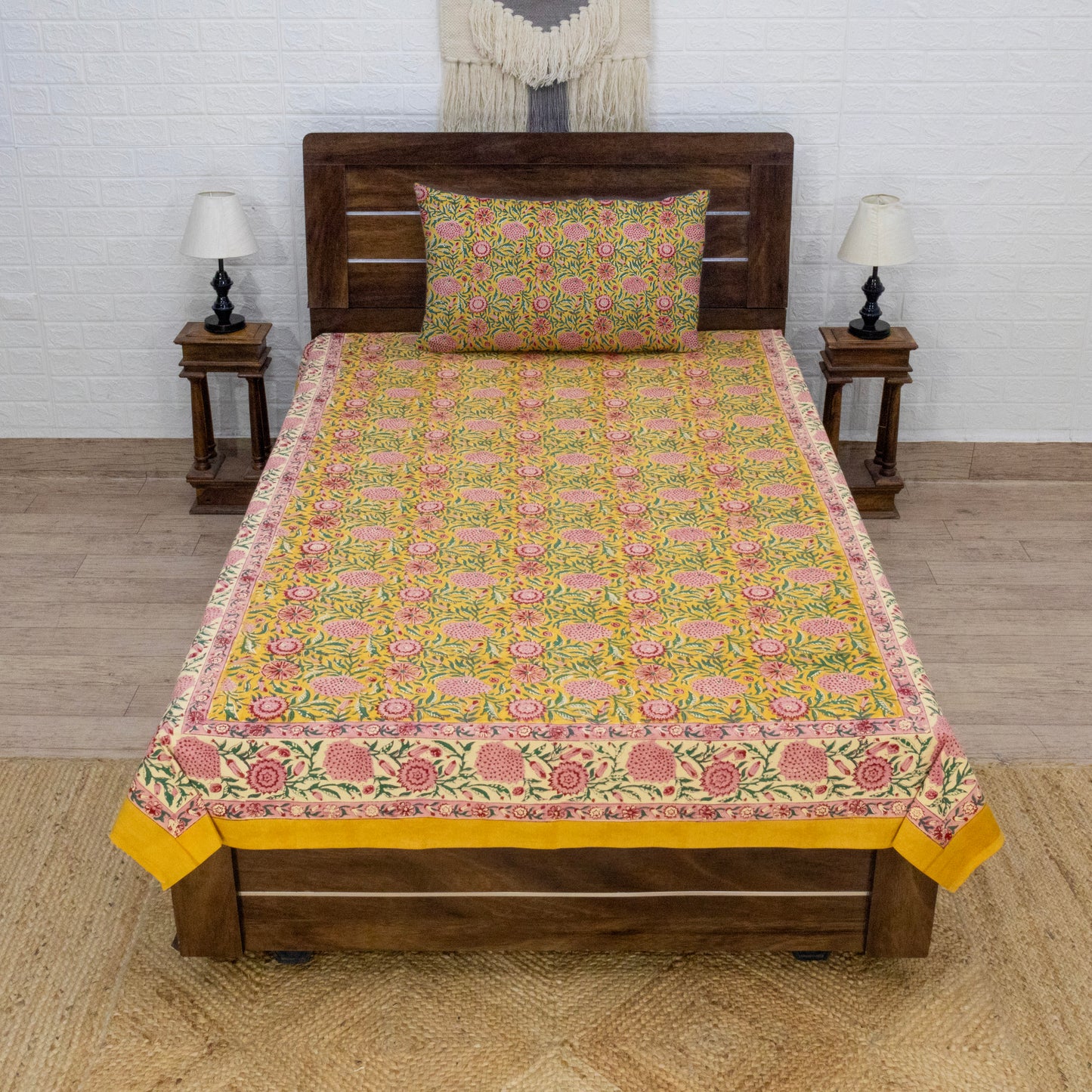 Indian Handmade Block Printed Yellow and Pink Floral Pattern Cotton Bed sheet For living Room, Kids Room - My Store