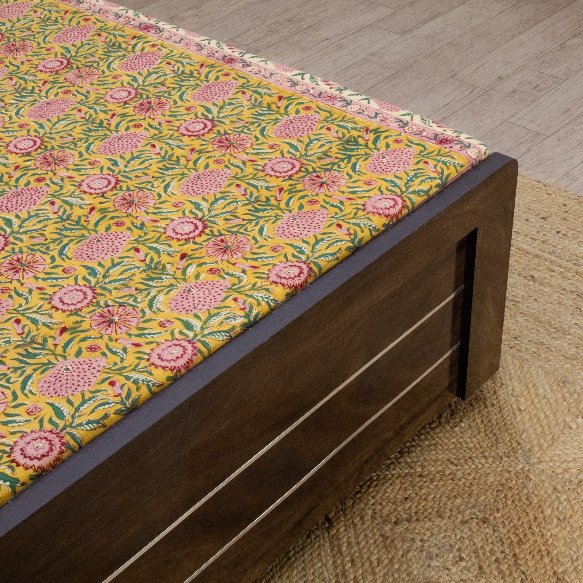Indian Handmade Block Printed Yellow and Pink Floral Pattern Cotton Bed sheet For living Room, Kids Room - My Store