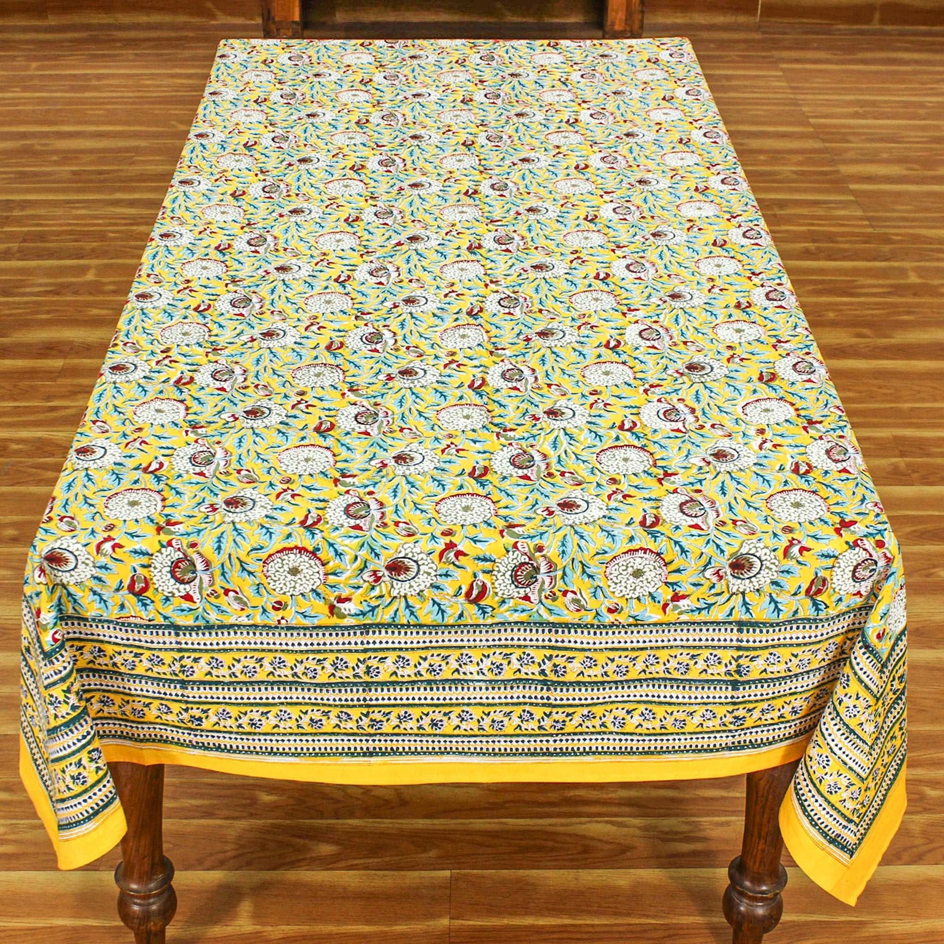 Yellow and White Hand Block Printed tablecloth Floral Cotton Table Cover - My Store