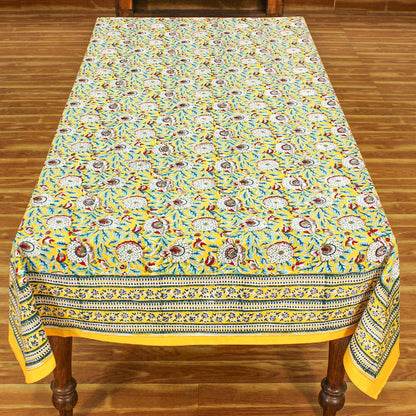 Yellow and White Hand Block Printed tablecloth Floral Cotton Table Cover - My Store