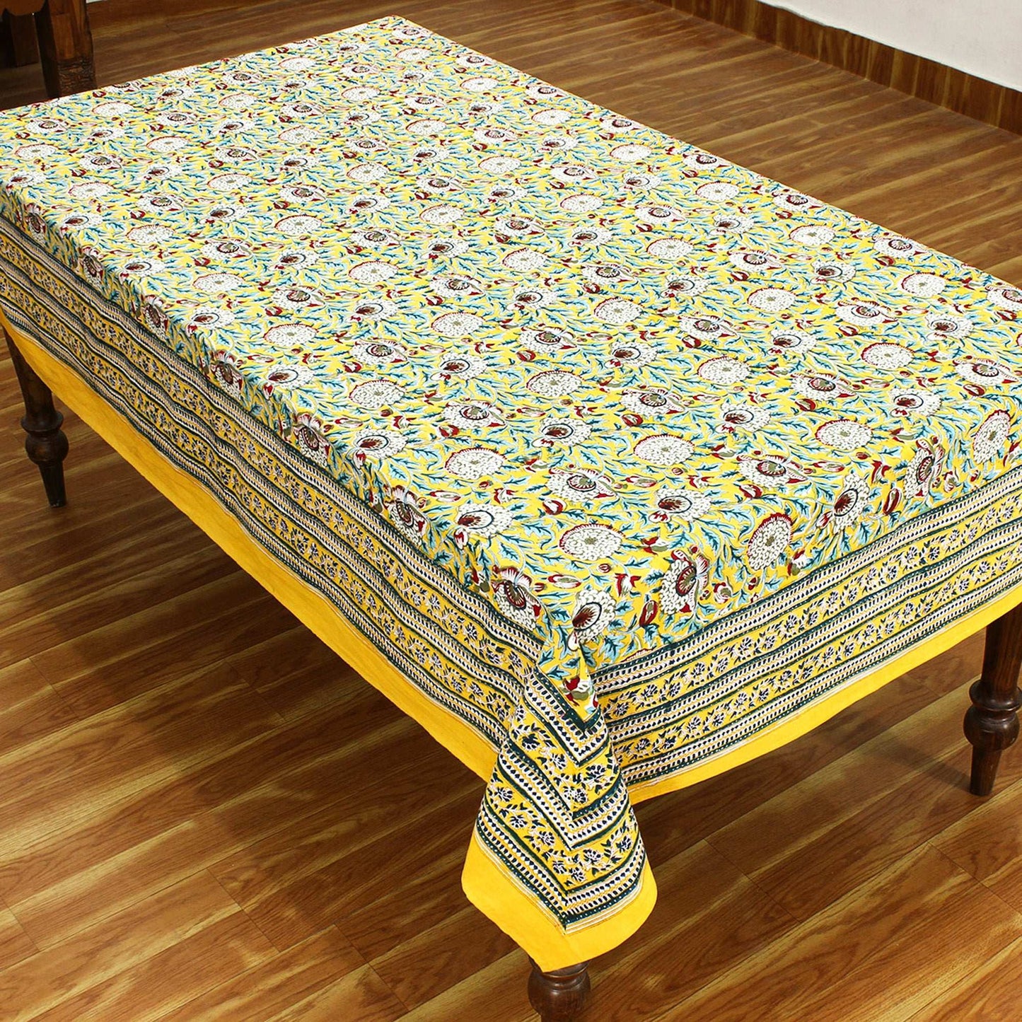 Yellow and White Hand Block Printed tablecloth Floral Cotton Table Cover - My Store