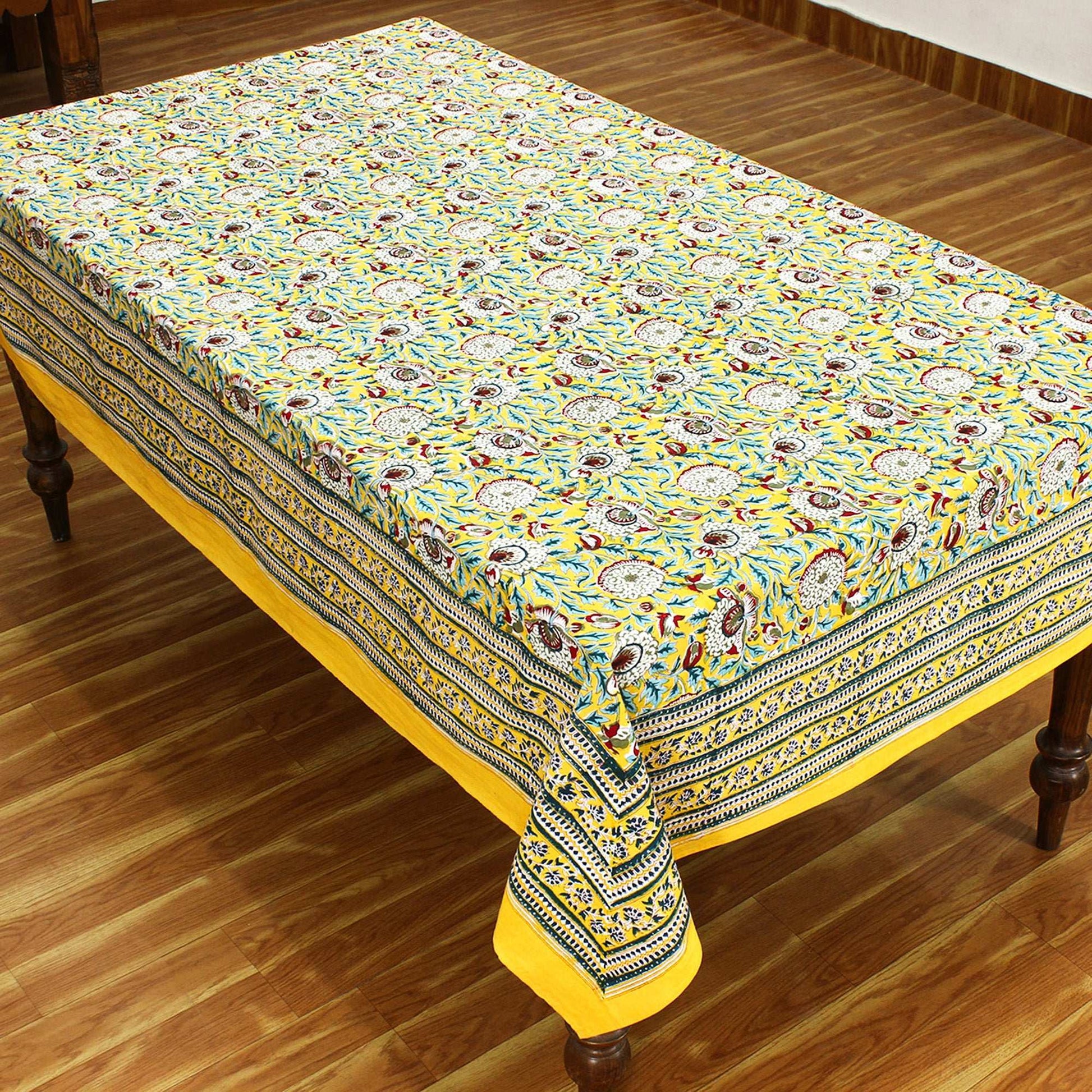 Yellow and White Hand Block Printed tablecloth Floral Cotton Table Cover - My Store