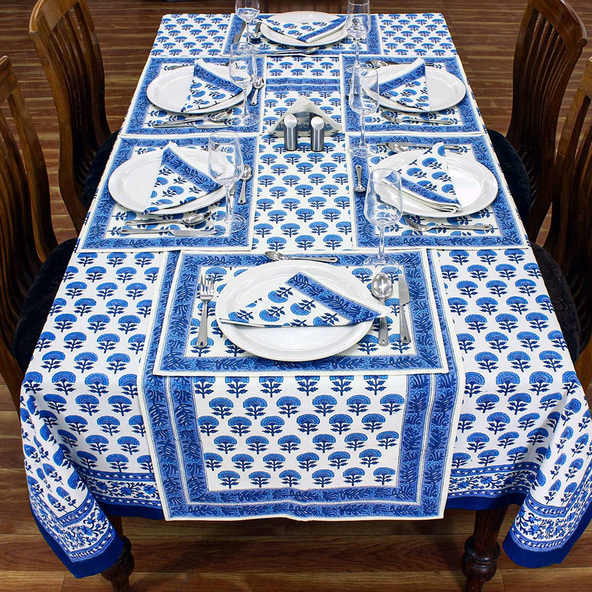 White and Blue Hand Block Printed Cotton Tablecloth - My Store