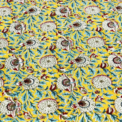 Yellow and White Hand Block Printed tablecloth Floral Cotton Table Cover - My Store